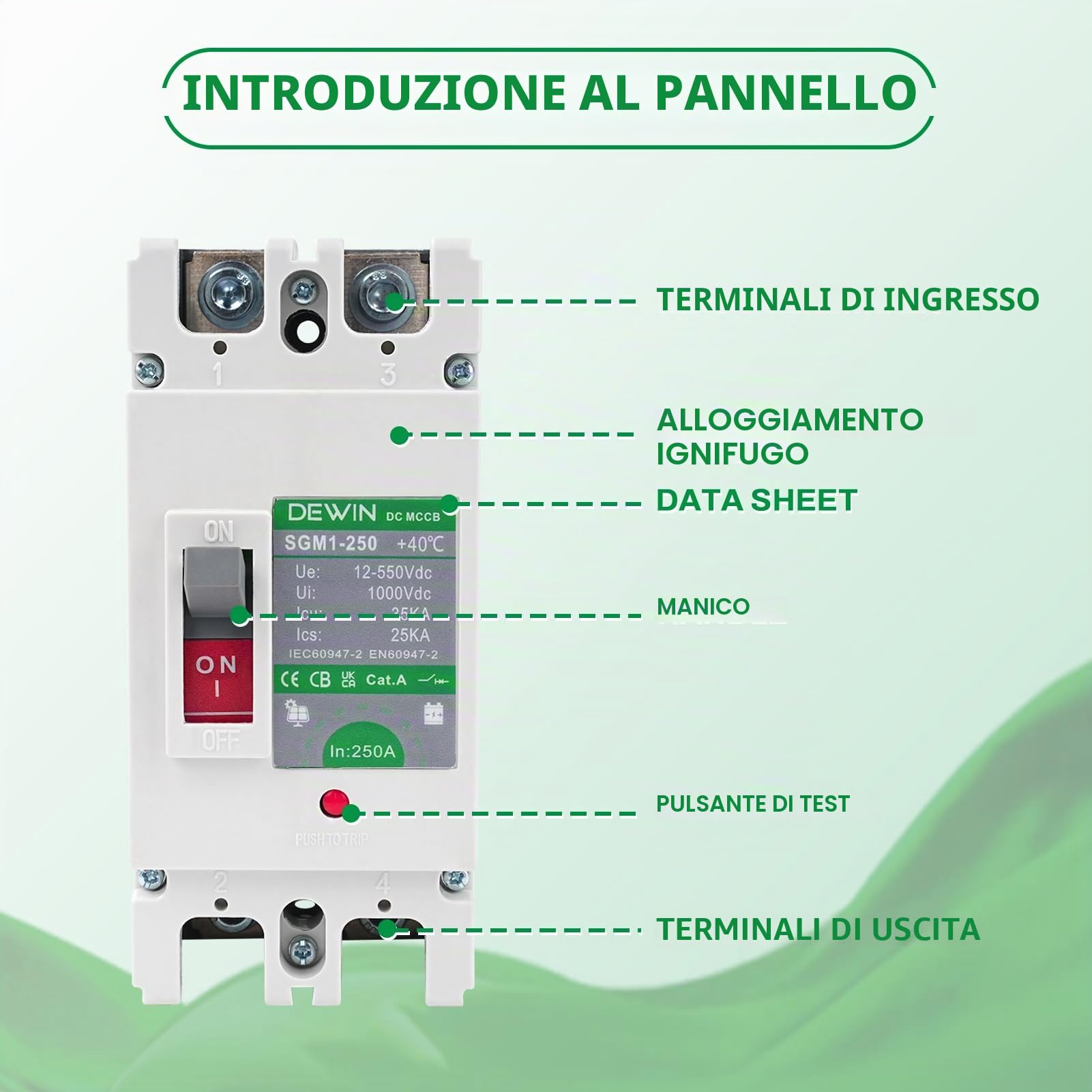 Interruttore Automatico Scatolato CC MCCB, 2P DC500V 250A Interruttore Automatico Fotovoltaico Interruttore Principale del Batteria Solare Sezionatore di Protezione per Sistema Solare Fotovoltaico