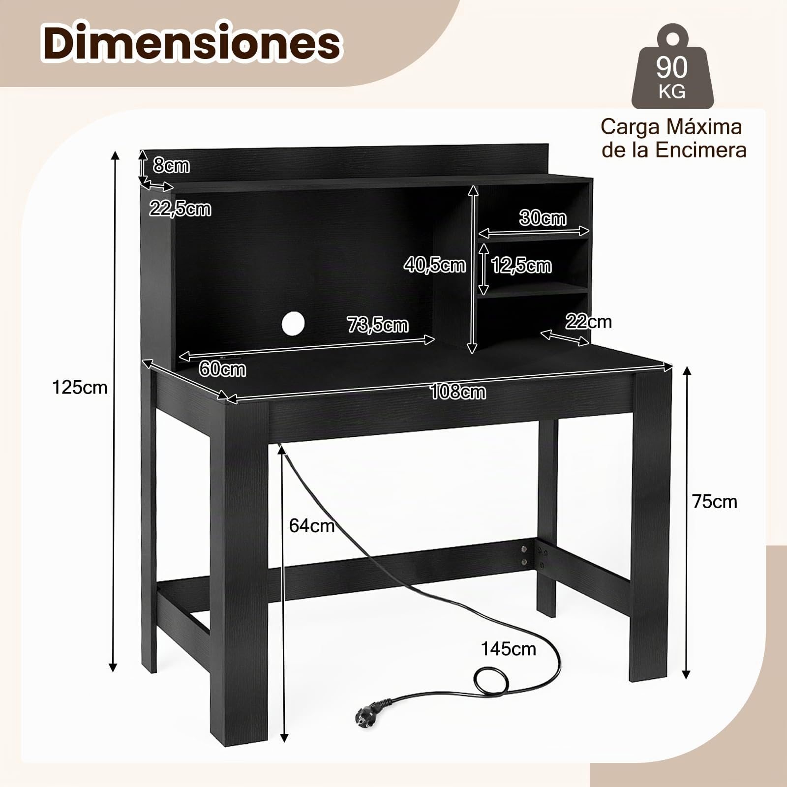 COSTWAY Escritorio con Estantería 108 x 60 x 125 cm, Mesa Escritorio con Enchufes y Agujero para Cables, Tocador Dormitorio Oficina Despacho (Negro)