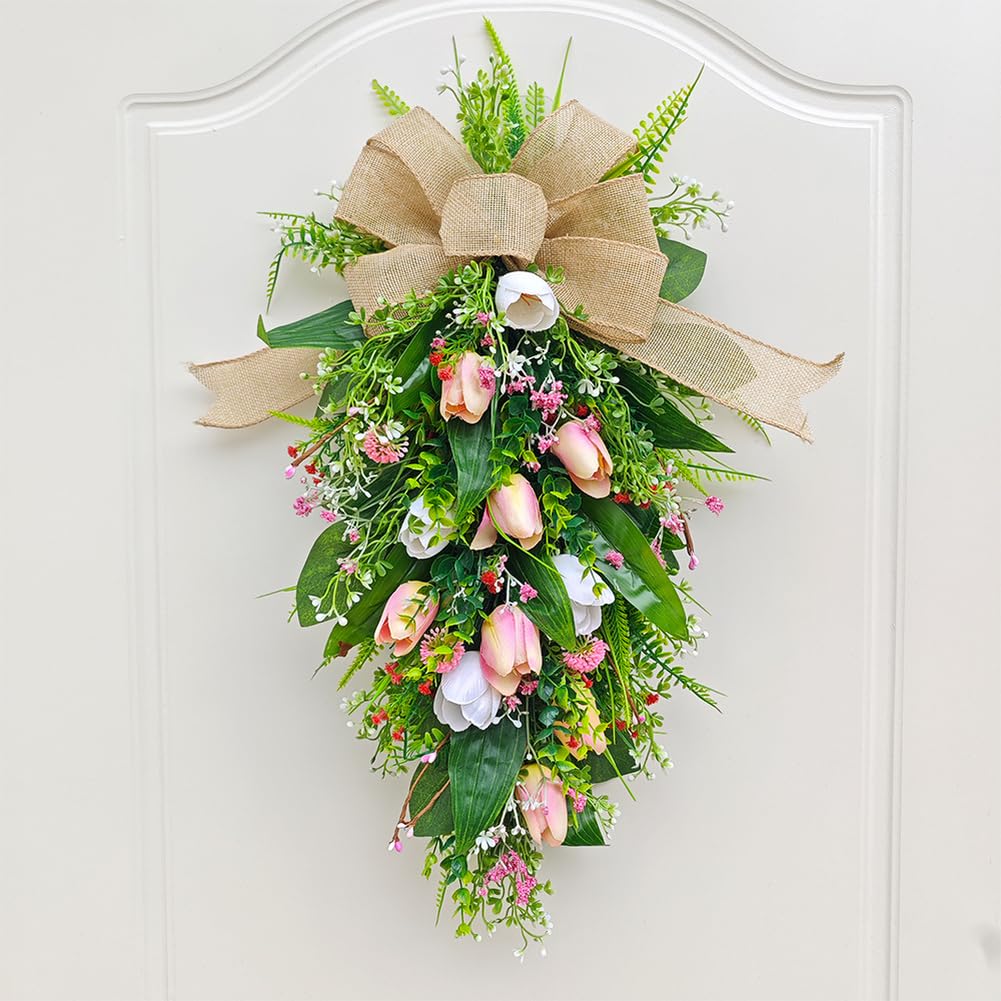 Ghirlanda di tulipani per decorazione della porta d'ingresso, ghirlanda di fiori artificiali primaverile estiva con fiocco per ingresso di casa da appendere alla parete, 55 x 30 cm