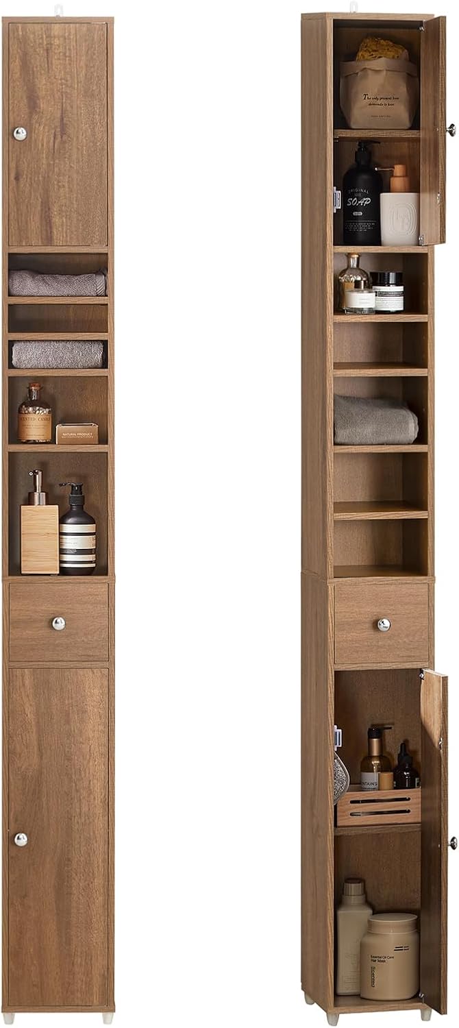 SoBuy Bathroom Narrow Storage Cabinet Skinny Tall Unit with Adjustable Shelves Slender Anti-Tipping Floor Standing Cupboard, Natural BZR34-PF