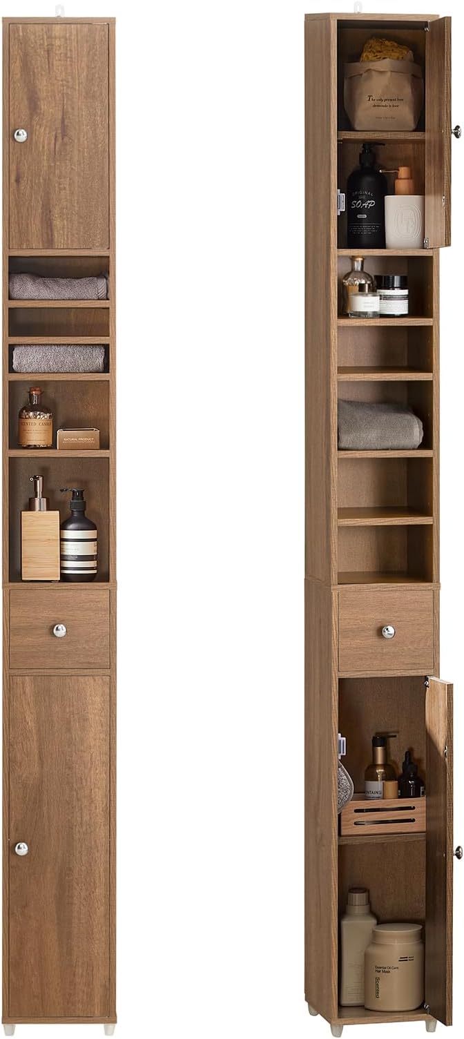 Bathroom Narrow Storage Cabinet Skinny Tall Unit with Adjustable Shelves Slender Anti-Tipping Floor Standing Cupboard, Natural BZR34-PF