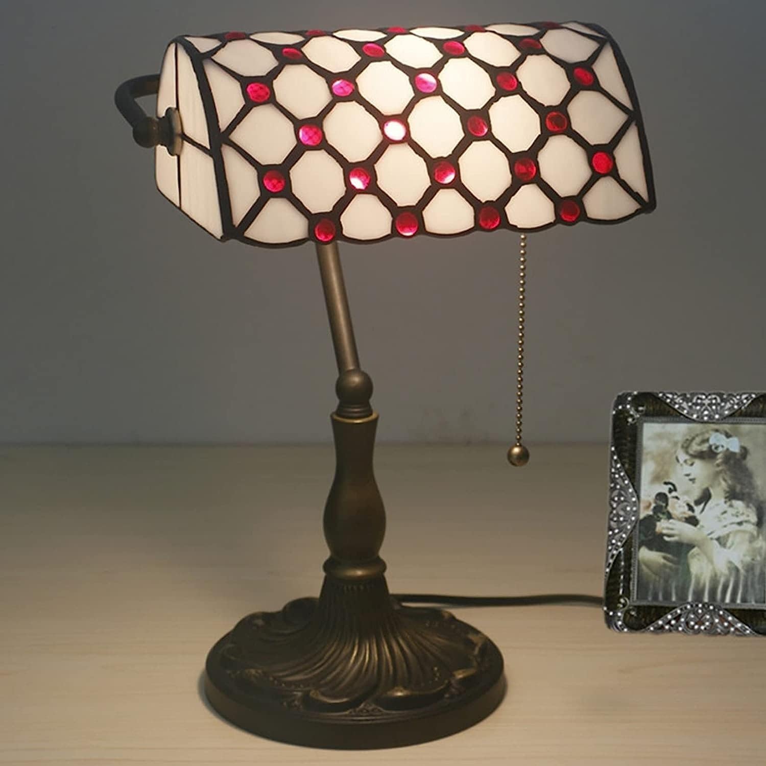Bankiers Tischlampe, farbige Glaslampe, Kristallperlenschreibtischlampe, Schlafzimmer in der Nacht Leselampe (weißer rotes Glasperlen Schatten) Innovate