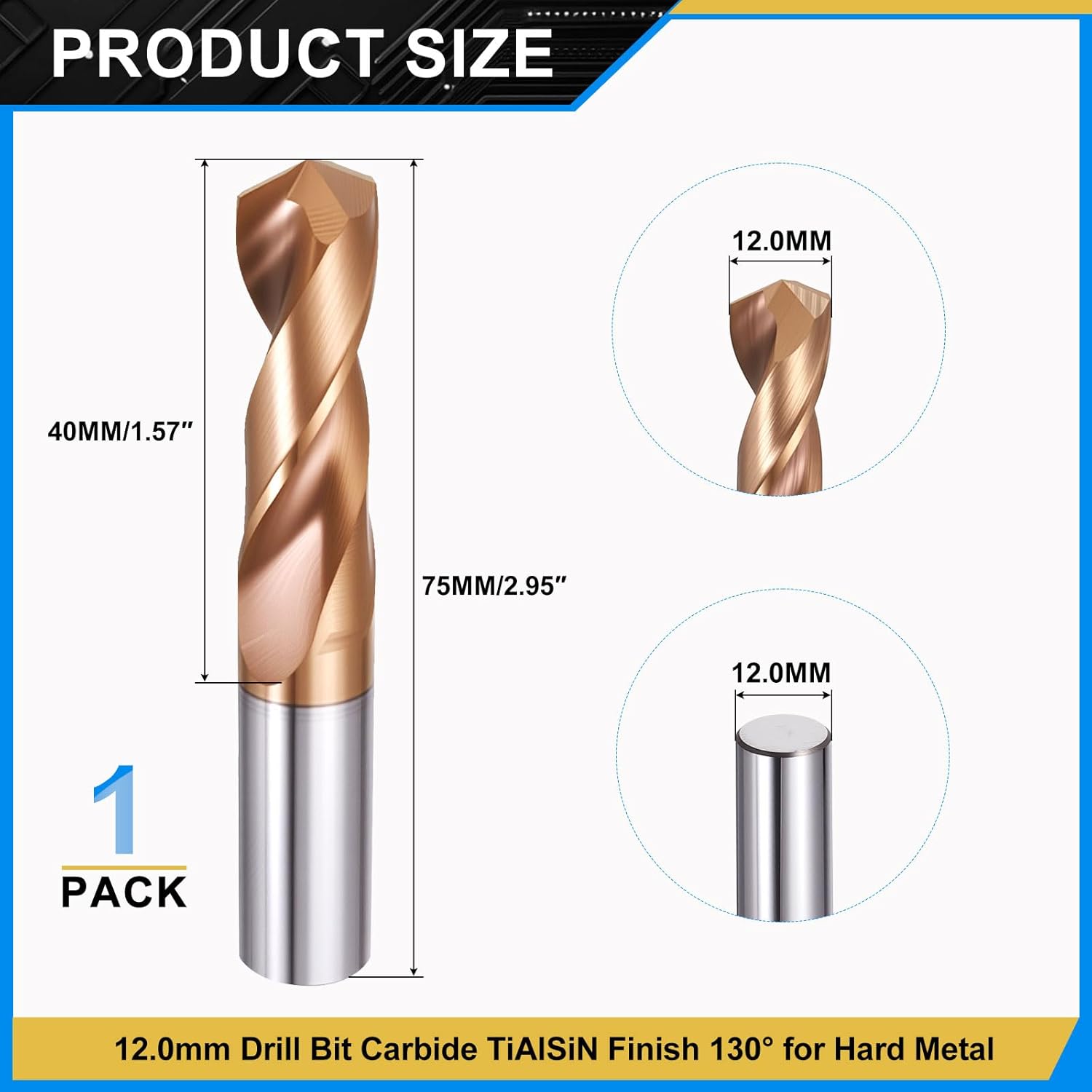 PATIKIL 12mm Drill Bit, Carbide Twist Jobber Bits Straight Shank 130° for Drilling Hard Metal Alloy Steel Stainless Steel Titanium Alloys - 1 Pack