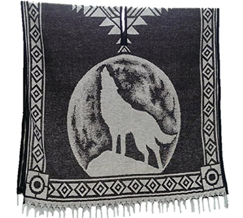 Sharpshooter Brown Full Moon Howling Wolf Poncho & Black Cowboy Hat Set (Brown Poncho Only, Adult Unisex)
