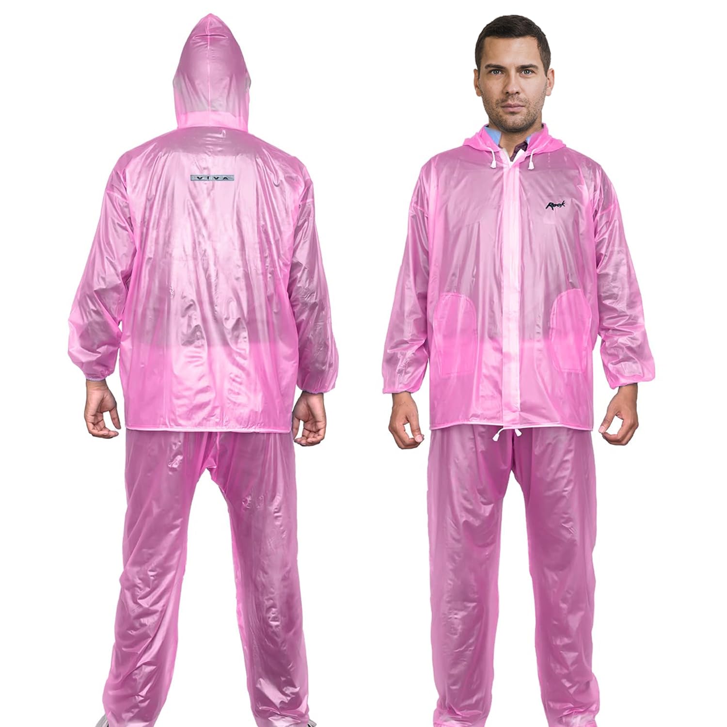 HACER Rock Raincoat with Hood Waterproof Rainsuit Adjustable Drawstring Hem Set of Top & Bottom Barsaati Universal Rainwear Side Pockets Packed in Storage Bag (Universal, Pink)-picture-0