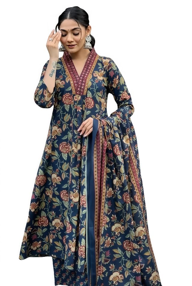 Women's Blue Rayon Embroidered V-Neck Kurta with Pant & Dupatta Set | 3 Piece Ethnic Suit for Ladies | Regular to Plus Size (S - 7XL)-image-32