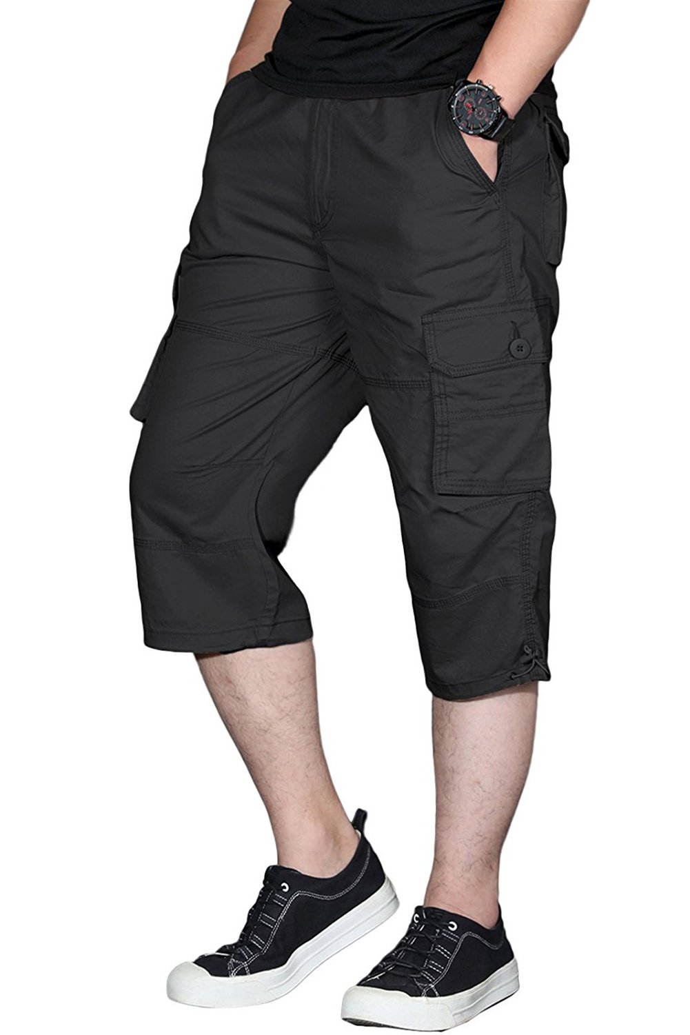 sandbank Men?¡¥s Long Shorts Elastic Waist Cargo Shorts Below Knee Capri Pants 6 Pockets