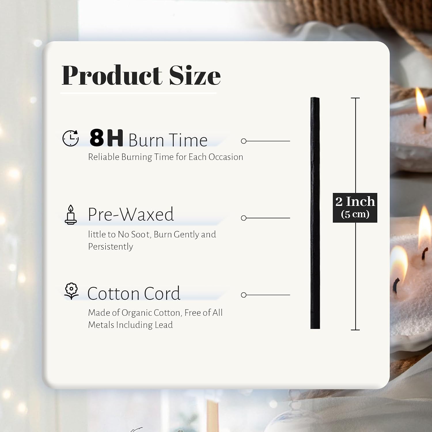 Pearled Cotton Candle Wick 2.2 Inch Black Cotton Wicks for Sand Candles,Metal-Free & Lead-Free Refill Wax Wick for DIY Candle Making,Premium Soft Flame for Long Burn Time (Pack of 400)