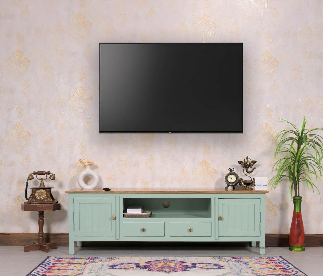 WOODEFLY Solid Mango Wood Tv Cabinet-2 Doors and 2 Drawers Solid Wood TV Entertainment Unit (Finish Color - Silt Green)-image-34
