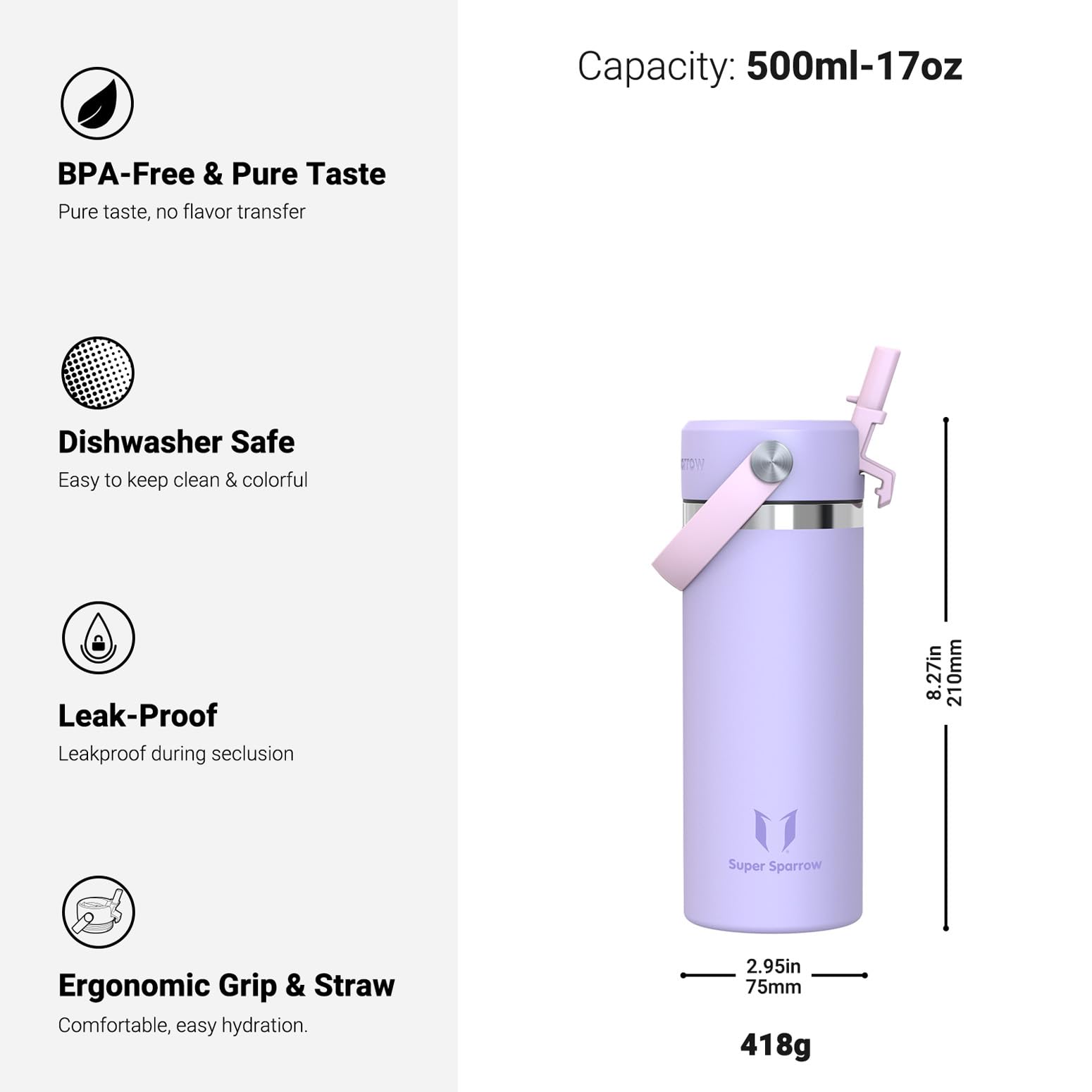 Sparrow Kids Insulated Water Bottle with Straw 500ml Metal Water Bottles, Purple, 500 ml - Image 3