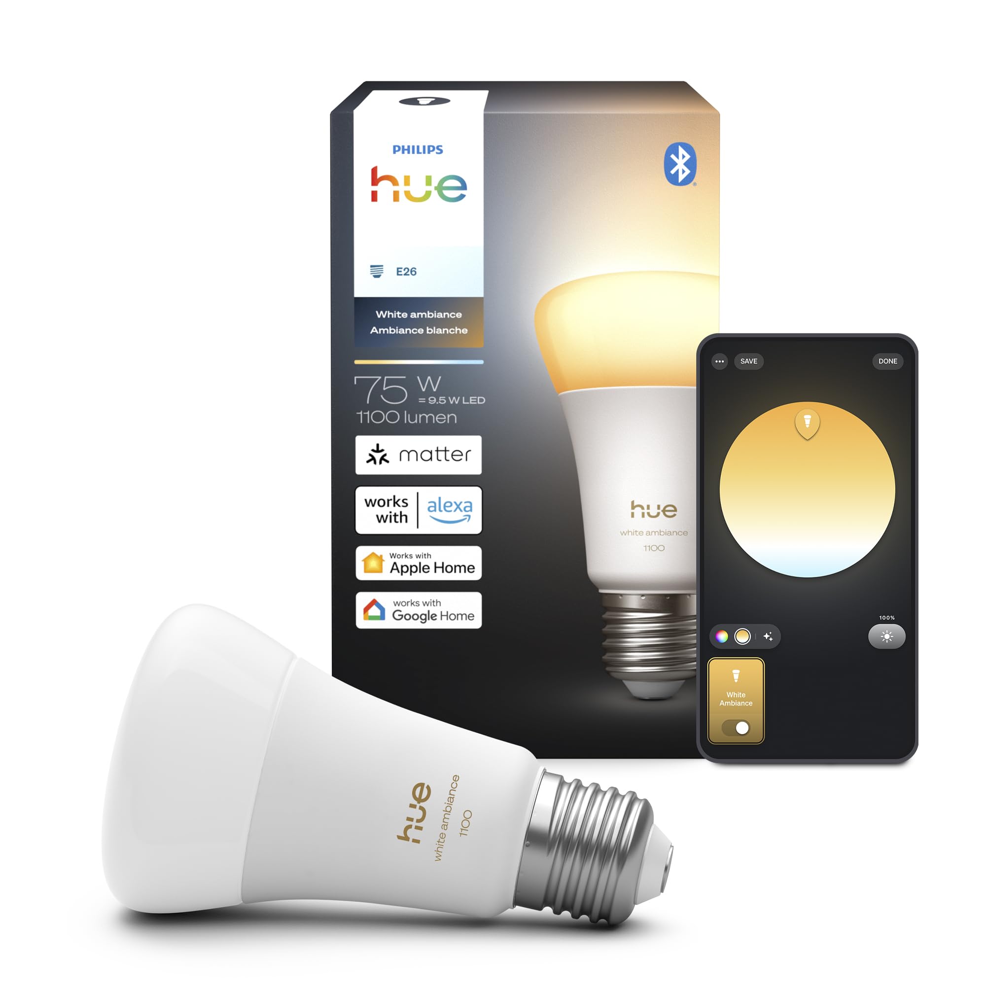 Philips Hue Smart LED A19 Bulb, White Ambiance, E26 Base, 9.5W