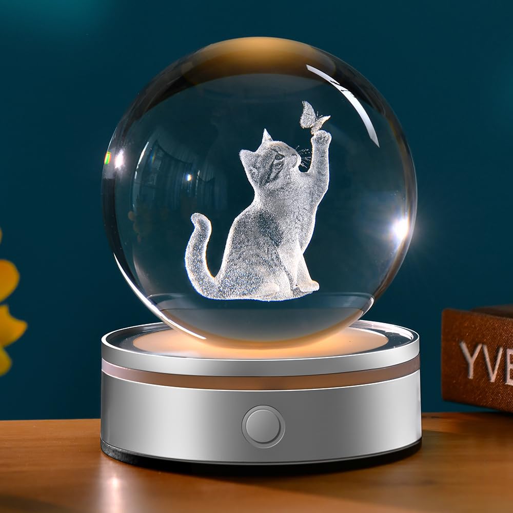 ZRENJHUS 3D Cat Crystal Ball Gifts for Women 80mm Cat Lover Gift for Her Glass Sphere Kitten Night