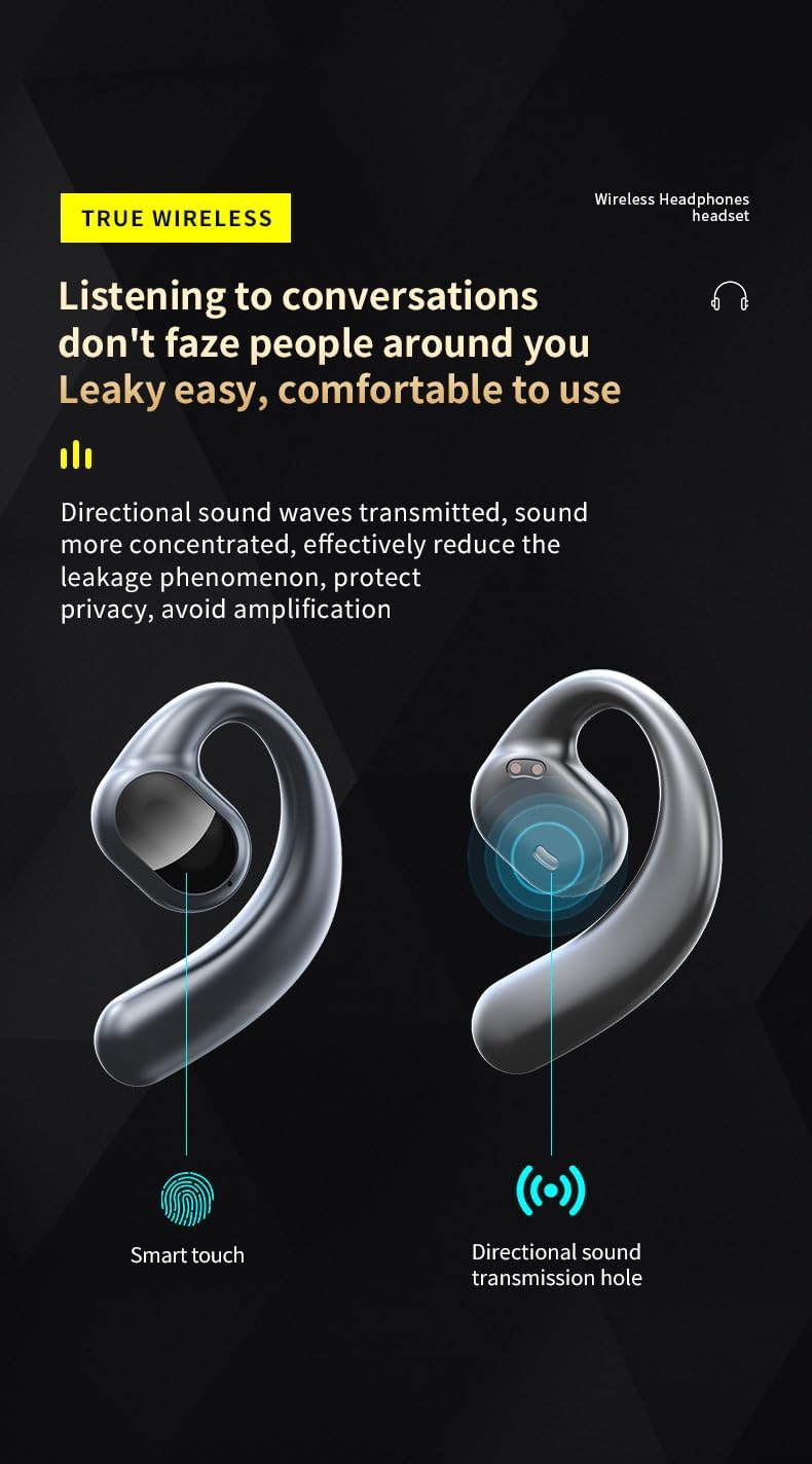 Open Ear Air Conduction Headphones Wireless Bluetooth 5.3 Headphones, 50H Playtime IPX6 Waterproof Wireless Earbuds, Ergonomic Ear Hooks Fit for Workout Driving Walking with iPhone Android