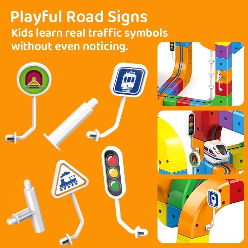 Image of DIY Cube Track Magic Rail Train Set,Educational Building Track Toy for Kids Multicolour, for Ages 3+, Loop, Arch and Multi-Layer Tracks (51 Pcs Block Set)