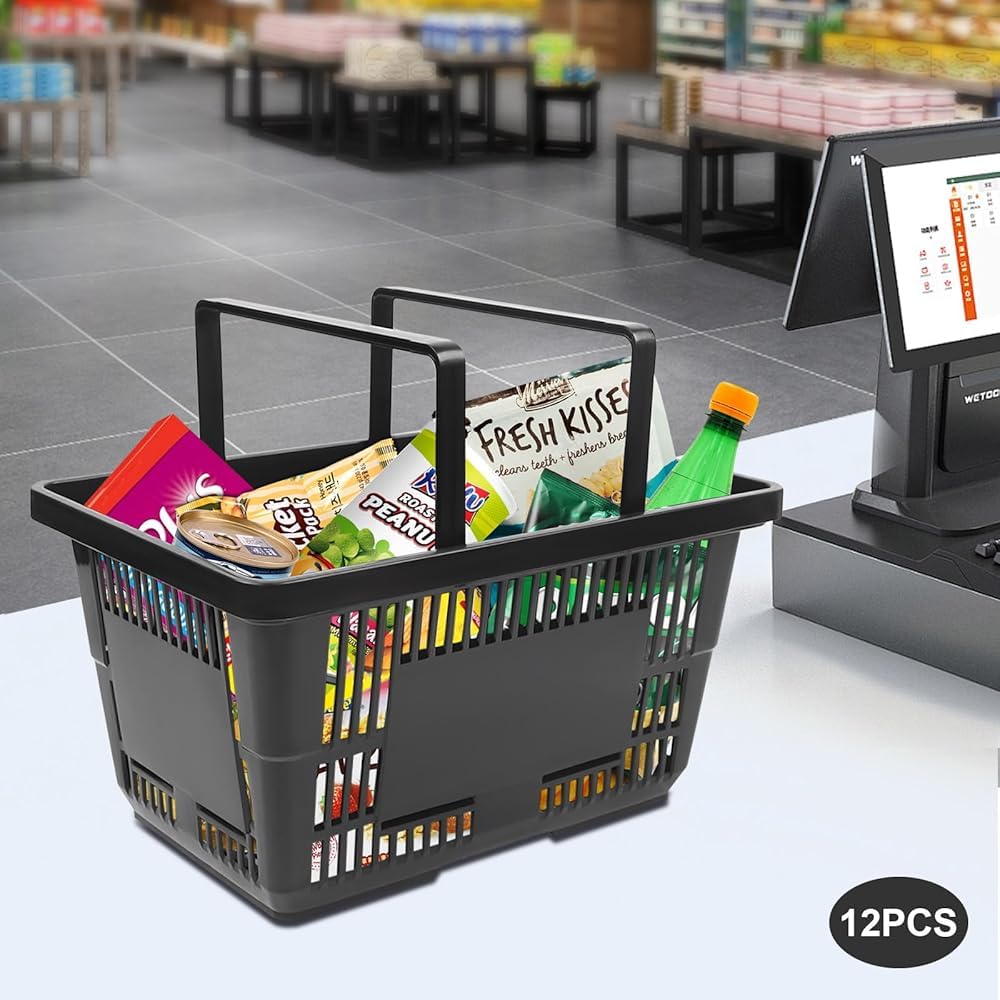 Cestas de plástico para la compra – Carritos portátiles apilables con asas, capacidad de 7.4 galones para tiendas de comestibles y tiendas minoristas