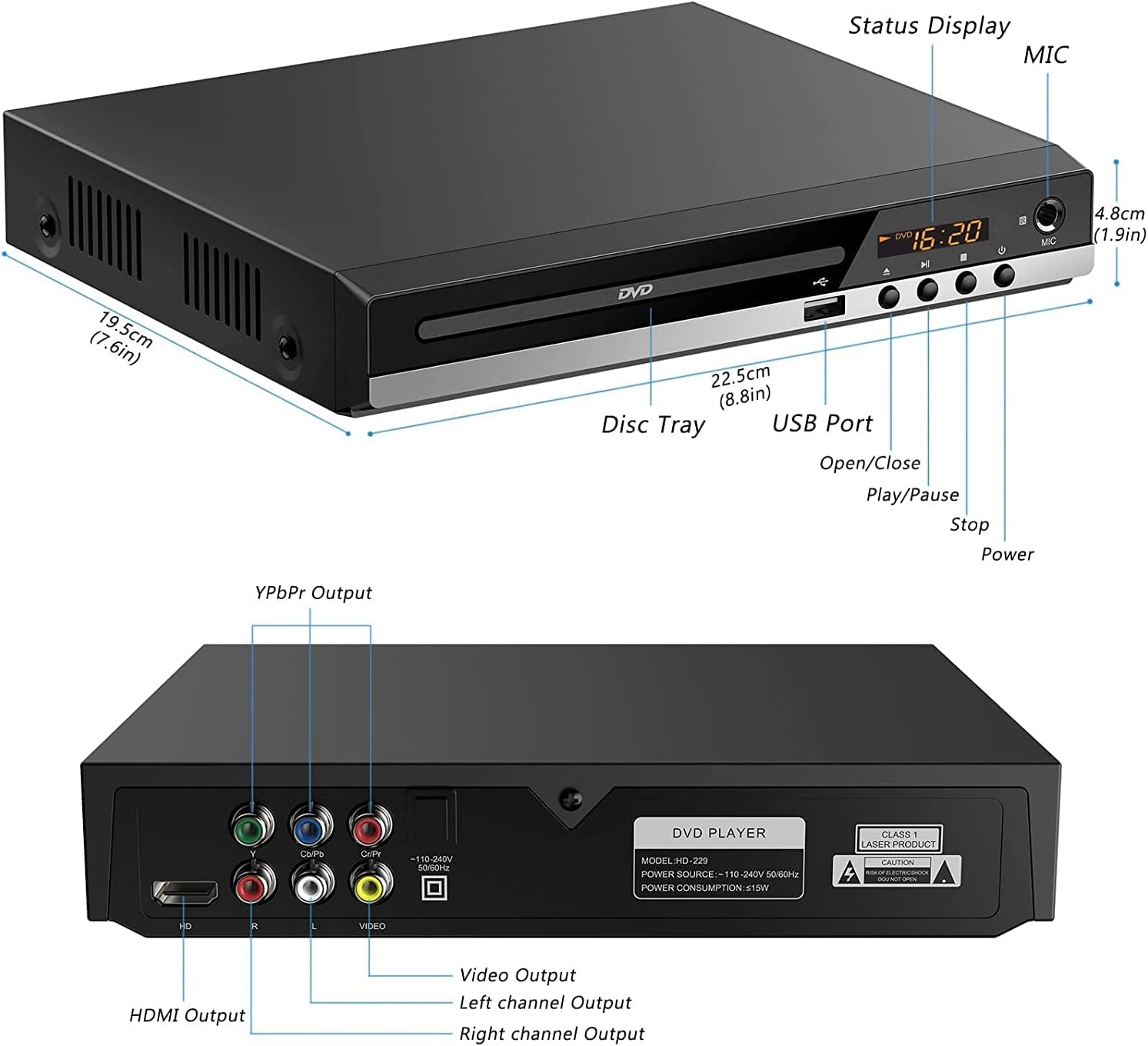 Docooler HD-229 DVD Player front and rear panel with labeled ports and controls