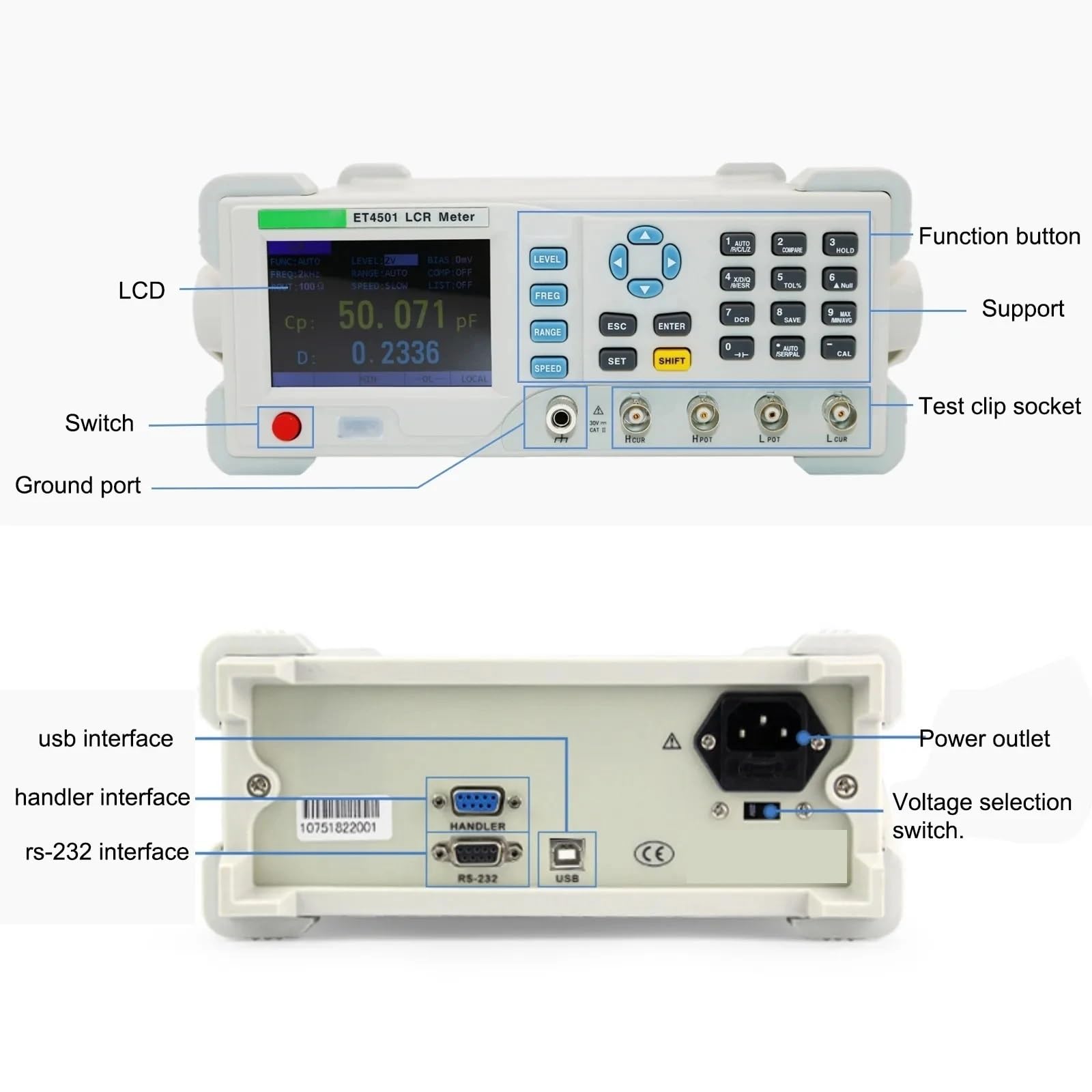 Medidor LCR, Probador digital de laboratorio precisión LCR escritorio ET4501, ET4502 y ET4510. Mide resistencia, capacitancia e inductancia(ET4501(10KHz))