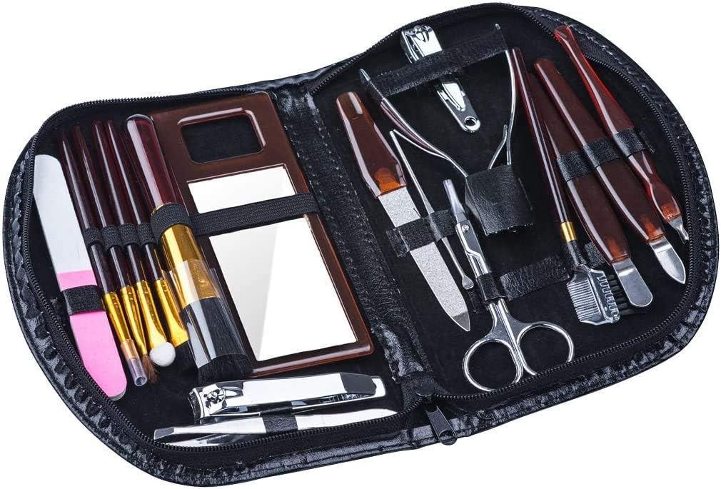 18 x Nail Clipper Set, Elina Nail Care Kit Woman Manicure and Pedicure Tools Professional Kit, Mirror, Makeup Brushes, Tweezers, Nail Clippers, File, Comb, Scissors, Nippers