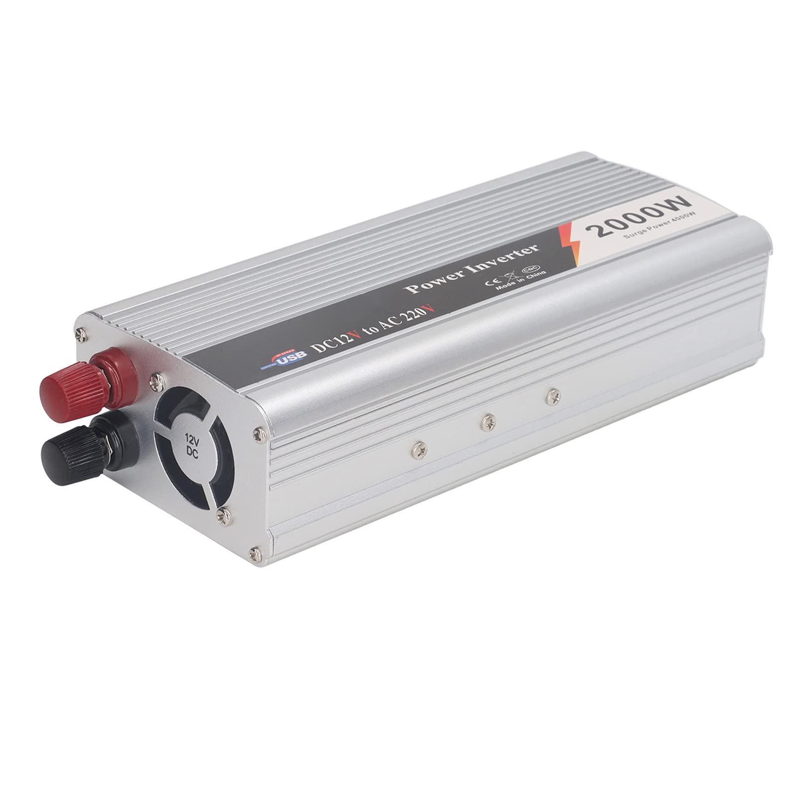 Inversor de Corriente para Automóvil de 2000 W, CC 12 V a CA 220-230 V, Onda Sinusoidal Corregida, con 1 Enchufe Universal, Interfaz USB de 5 V, Protección Múltiple, para Cargar