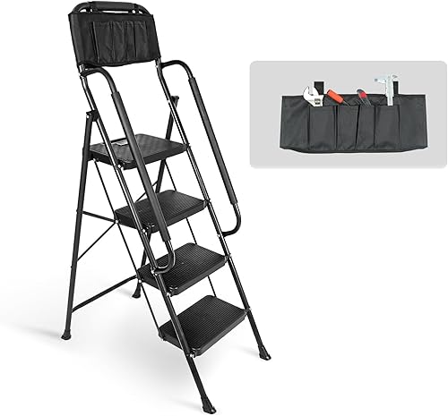 Miniatura 7 de Escalera de 5 escalones con pasamanos, taburete plegable con plataforma de bandeja de herramientas, 330 libras de mano de obra portátil para adultos