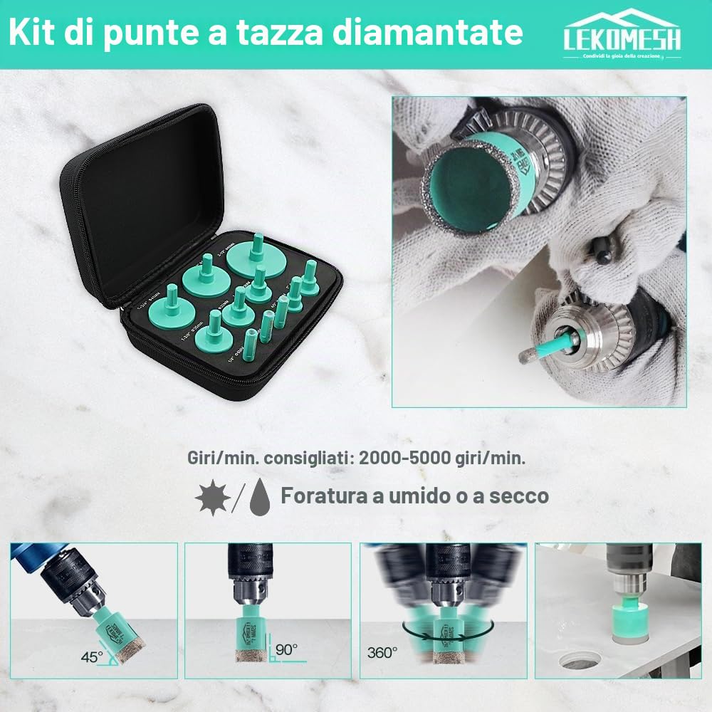 Punte Diamantate per Piastrelle - 11 pezzi (6/8/10/20/25/28/32/35/45/50/65mm) Seghe a Tazza Diamantata per Gres Porcellana Ceramica, Gambo Triangolare