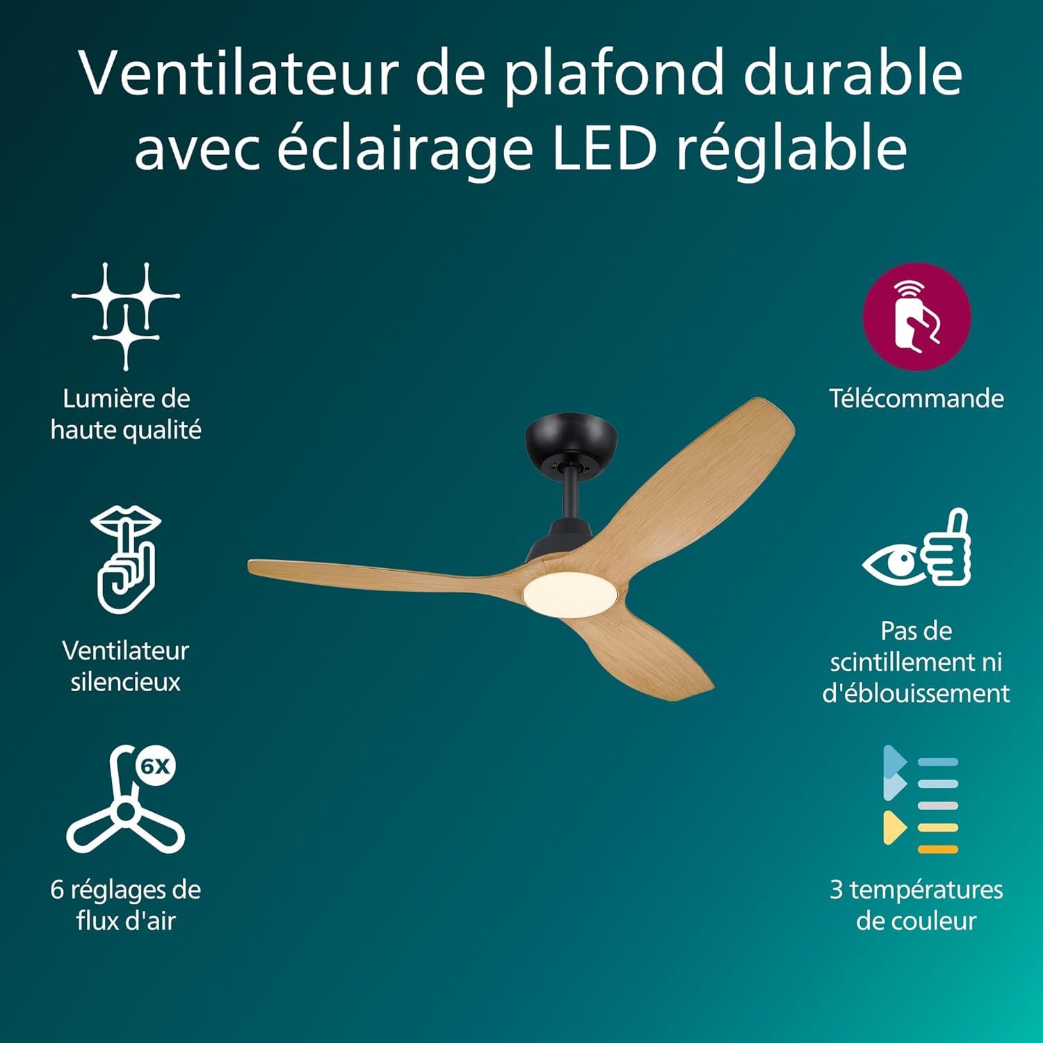 Philips Olas Ventilateur de Plafond, 3 Pales, Lumière LED 24 W, Moteur DC, Température de Couleur (3000 K-4300 K-6500 K) avec Fonction Variateur, Télécommande Incluse, noir, 52"