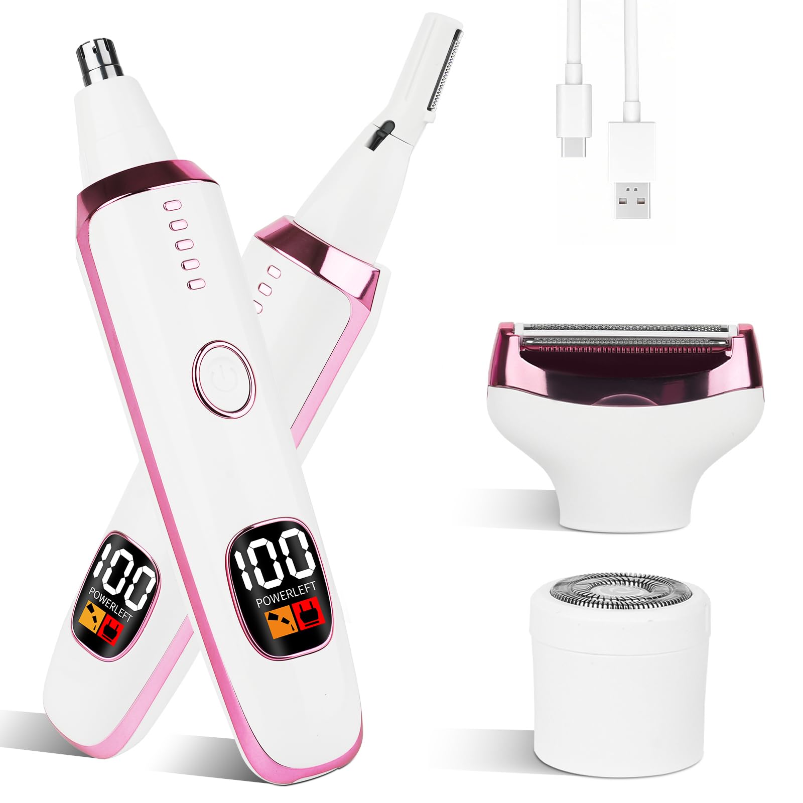 Mendaping 2025 Nose and Ear Hair Trimmer for Women and Men, 4 in 1 Rechargeable Facial & Eyebrow Hair Remover with LED Display, Painless Wet & Dry Electric Razor with Powerful Motor (White)