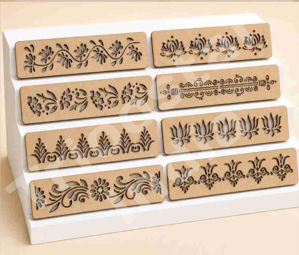traditional border rangoli stencil set pack of 8 | reusable mdf wooden floral, lotus & ornamental designs for floor decoration.