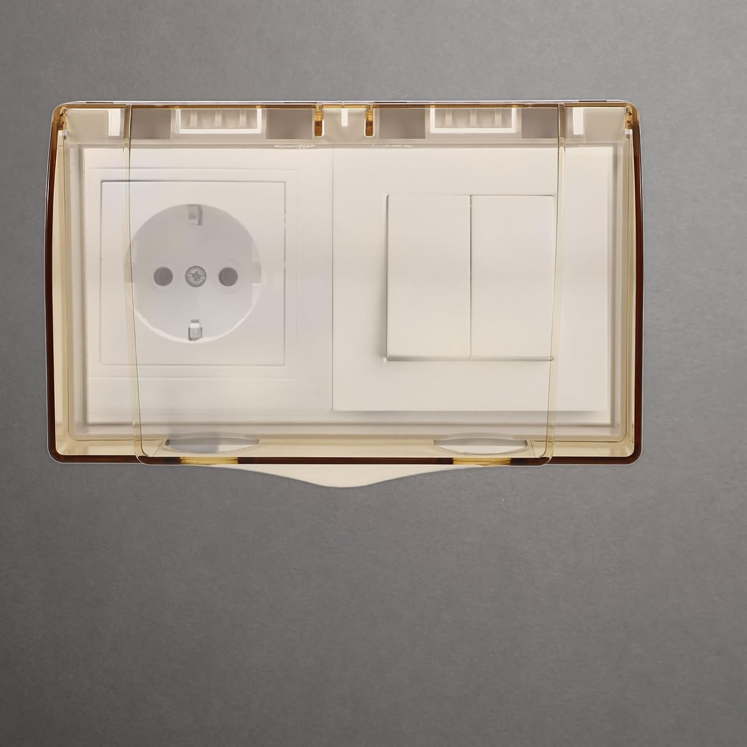 Generic Adhesive Wall Socket Cover Protective Outlet Case Bathroom Switch Panel Safety Shield Plastic Wall Plate Protector for Home Use Light Gold Color Double Gang 86 Type