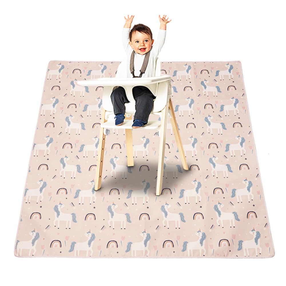 Treer Splash Mat for Under Highchair, 43" Baby Splat Mat Waterproof Anti Slip High Chair Spill Mat, Creative Easy Clean Washable Weaning Mess Play Mat Tablecloth Picnic Mat (Pink Unicorn)