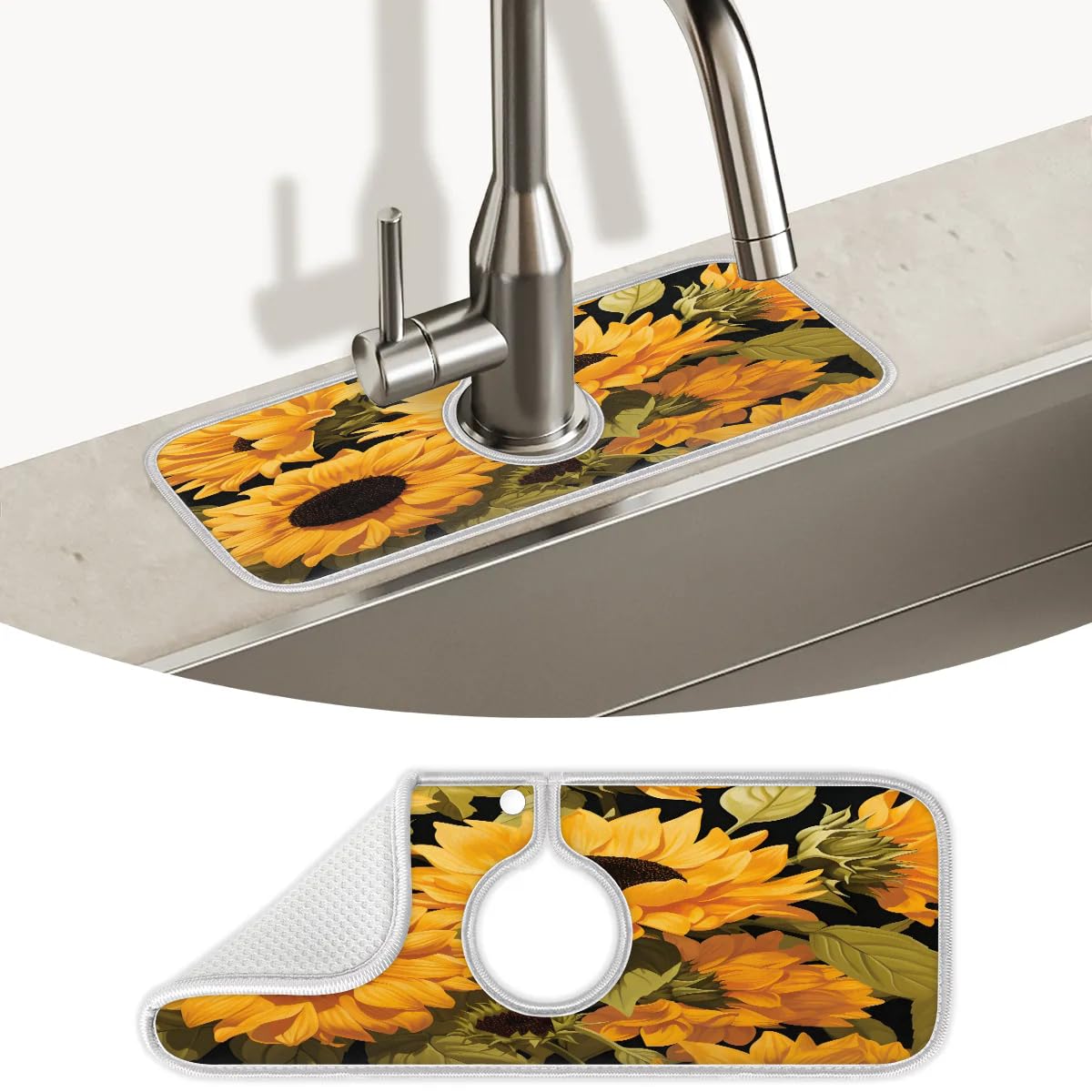 Kitchen Faucet Mat, Sunflower Pattern Design Absorbent Microfiber Fabric, Machine Washable Splash Guard &amp; Drip Catcher For Around Faucet Handle, Wild Flowers