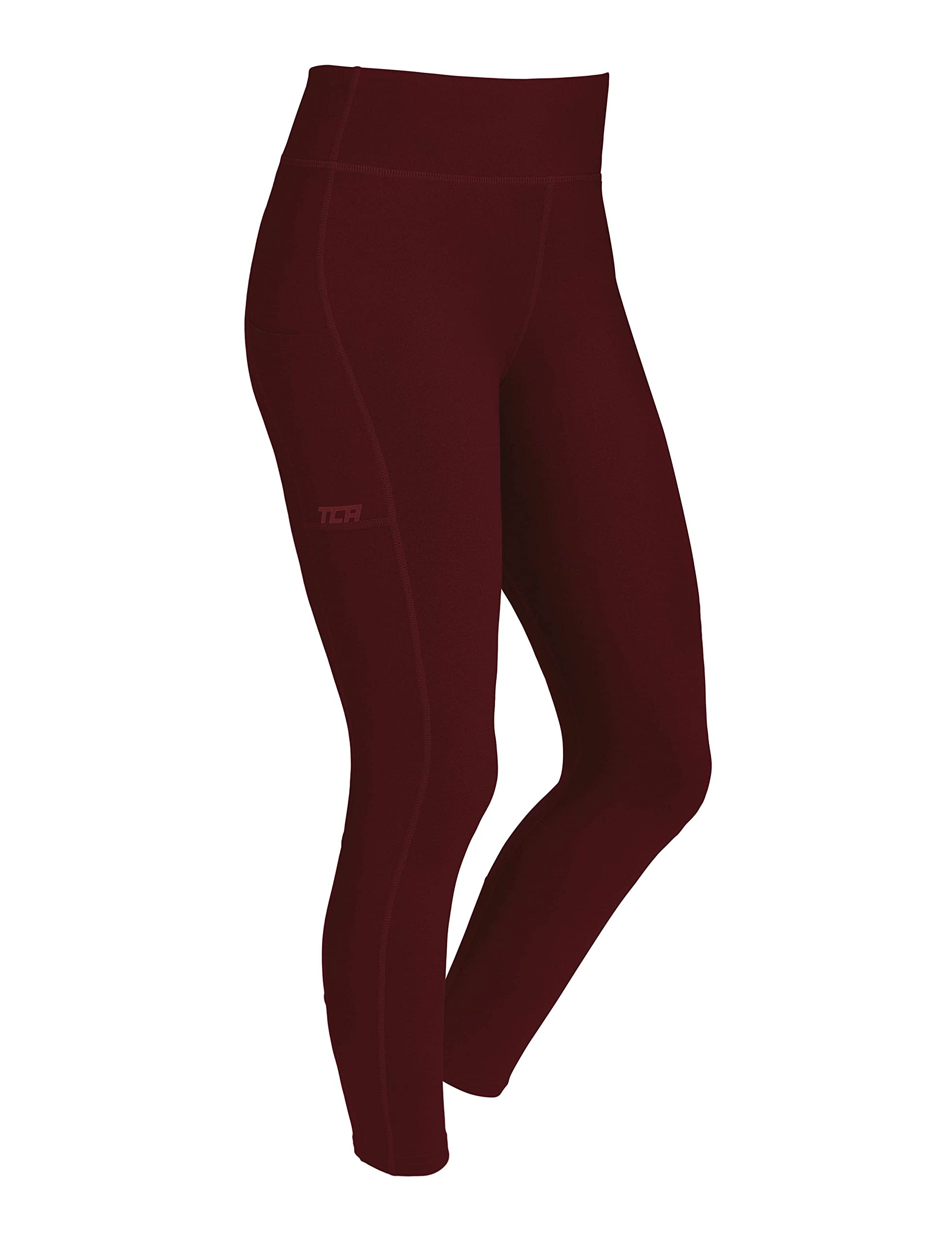 TCA Girls' SuperThermal Performance High Waisted Training Sports Running Tights Leggings with Phone Pocket - Cabernet, 12-14 Years
