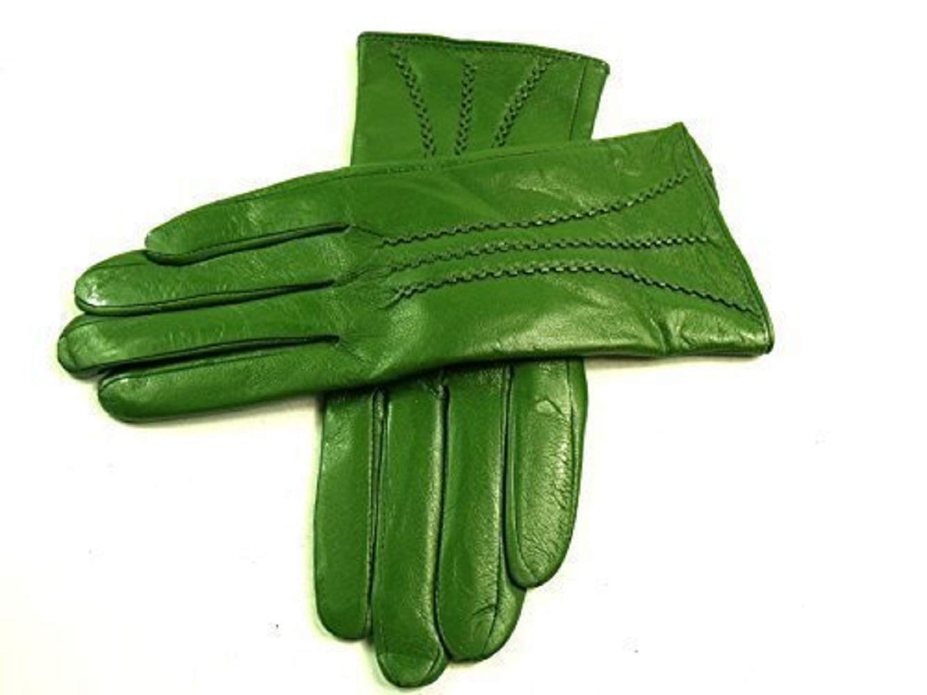 Le Women's Grass Green Real Leather Stripe Detail Gloves (Medium, )