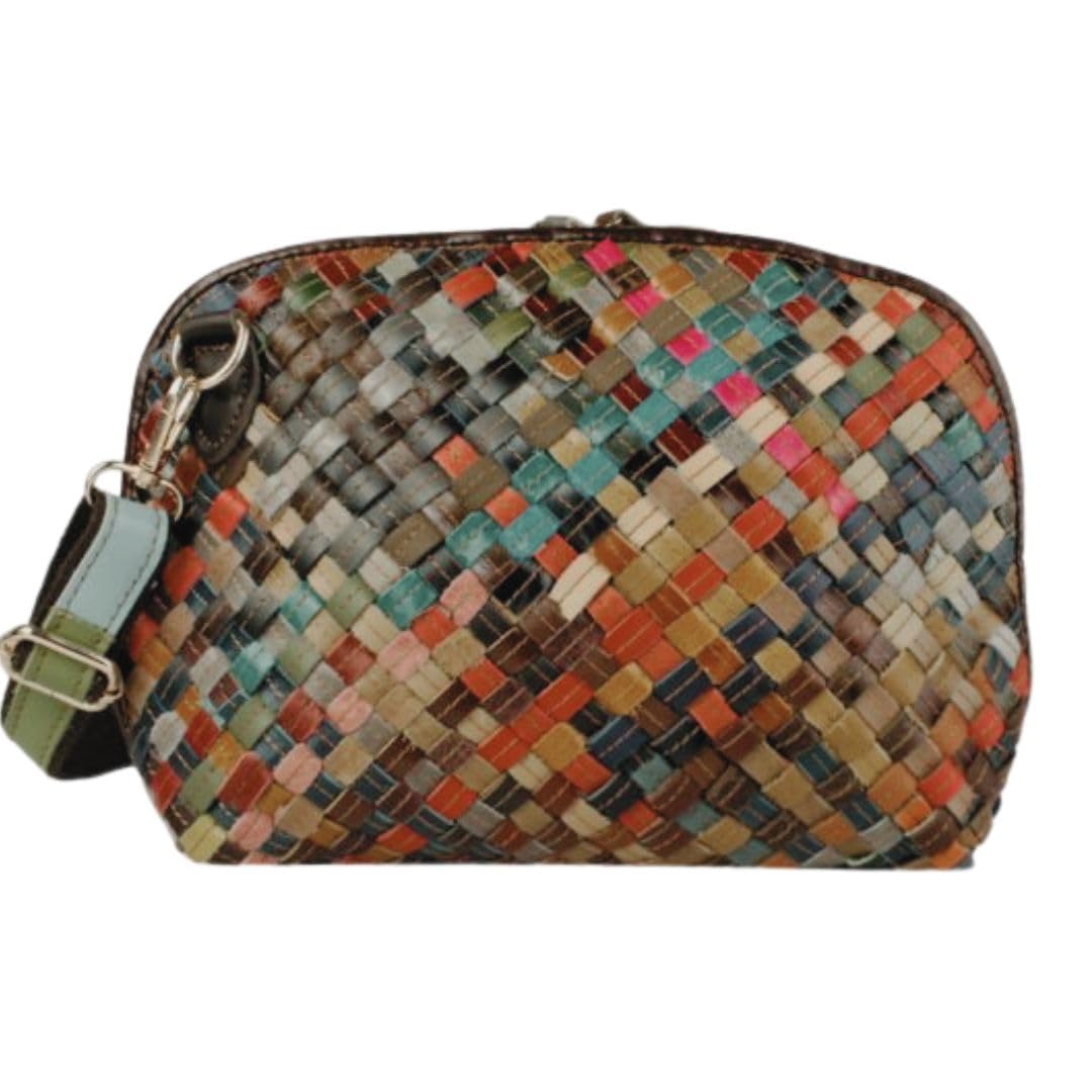 Bolso bandolera de piel italiana multicolor con diseño de retazos trenzados, bolso de mano de piel auténtica, correa ajustable y desmontable, interior totalmente forrado con bolsillo con cremallera