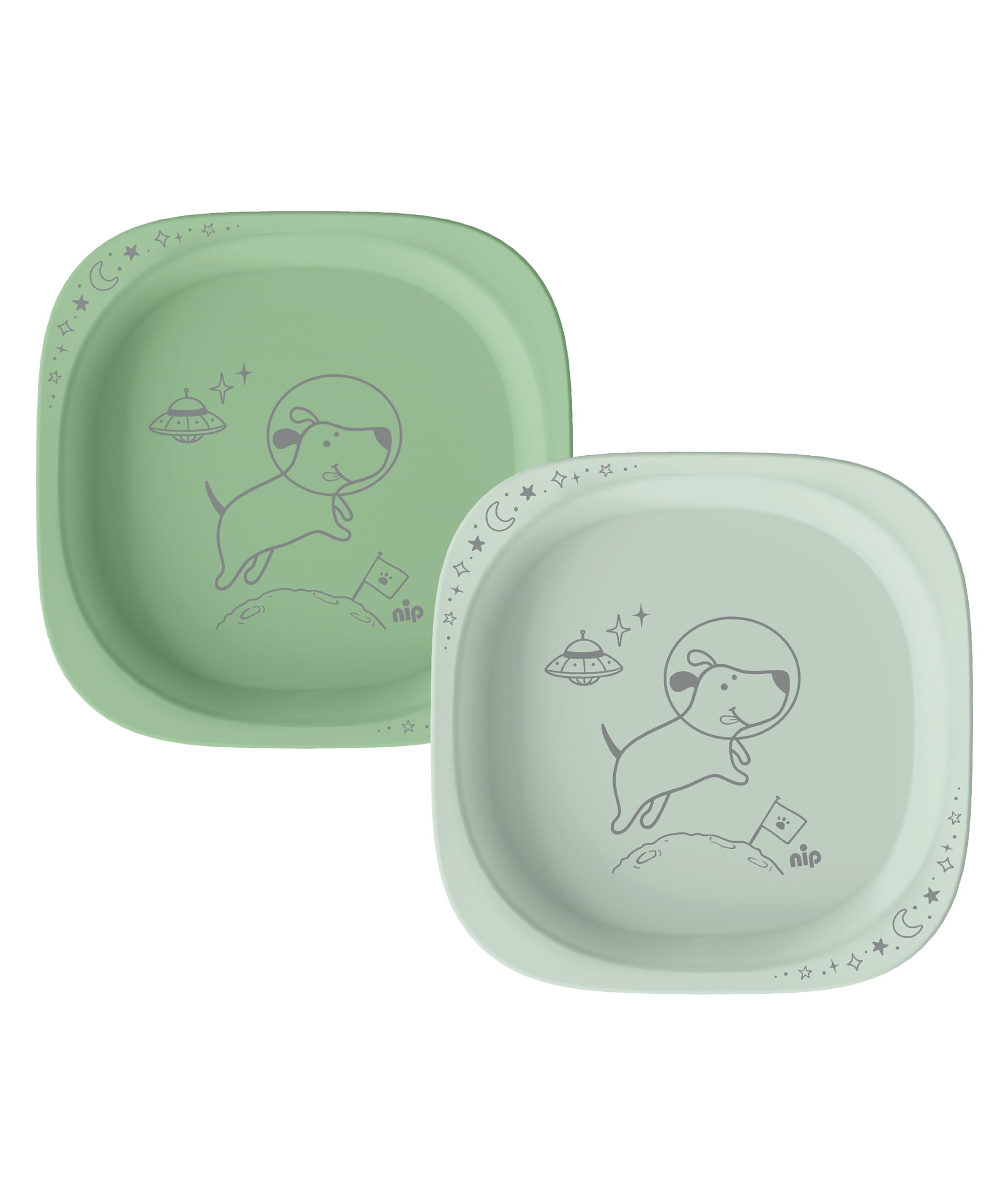 nip Green Eco Baby and Children's Plates, Microwave and Dishwasher Safe, Extra Flat & Perfect for Starting Foods, BPA-Free, Melamine Free, Sustainable, Set of 2, Animal Motif, Light Green