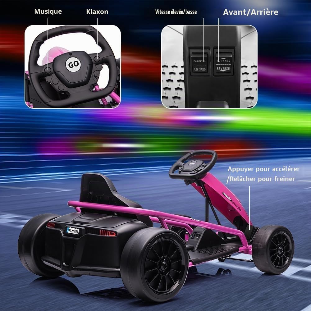 Garvee Kart Électrique Enfant 24V, 2 Moteurs 300W Ultra-Puissants, Batterie 9Ah, Vitesse Max 13 km/h, Kart Drift avec Musique et Klaxon, Charge 70 kg, Go Kart Électrique Extérieur pour 8-12 Ans