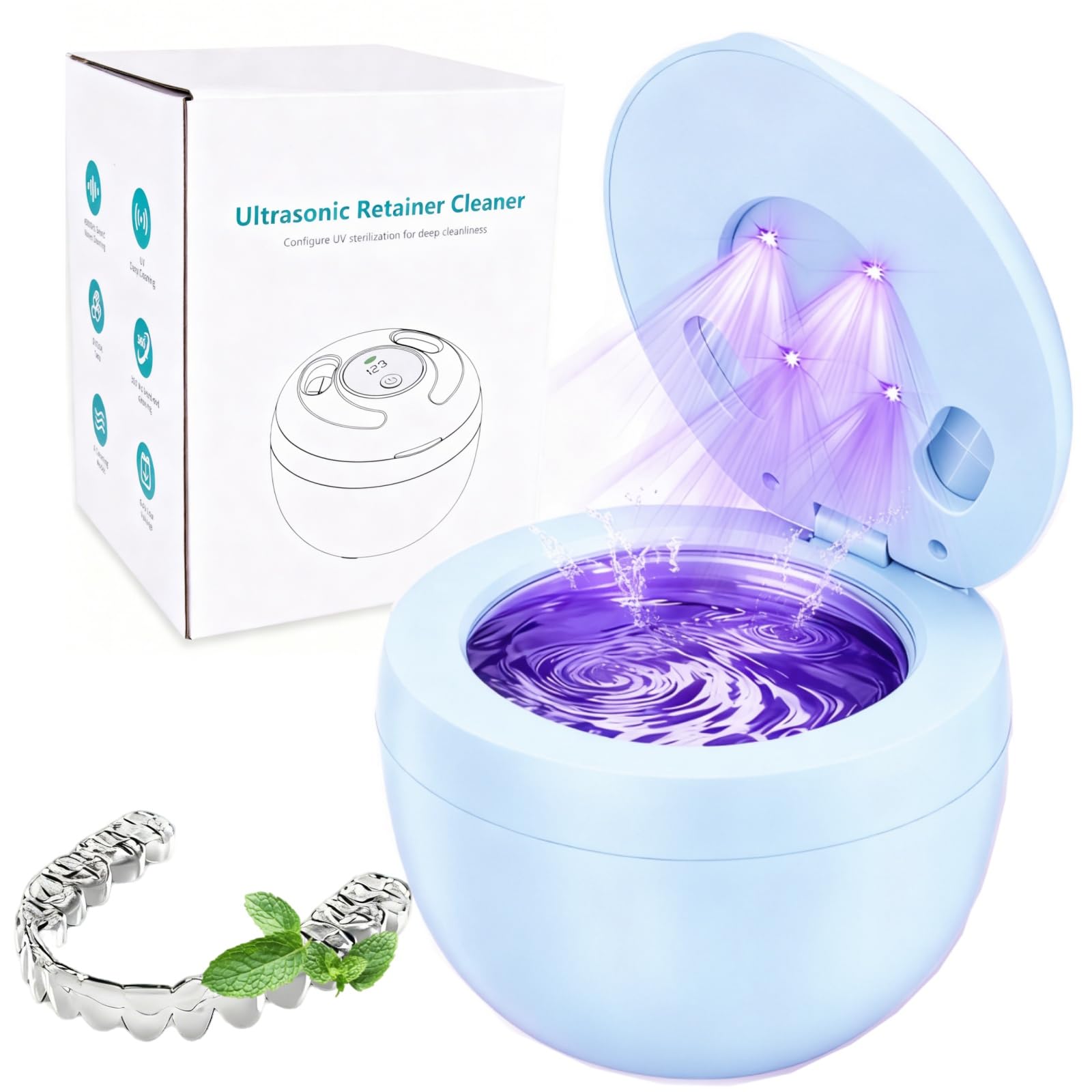 Ultraschallreinigungsgerät Retainer Reiniger, TechKen 45khz Reinigungs-Dentalmaschine mit UV-Licht, tragbarer Ultraschallreiniger für Zahnersatz, Aligner, Mundschutz, Zahnbürstenköpfe (Blau)