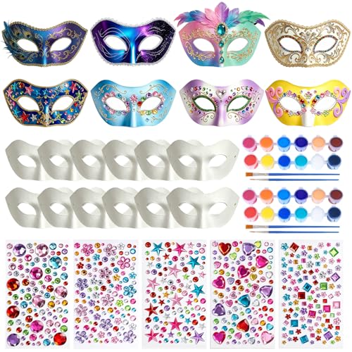 Blurap 27 Pcs Paper Mache Mask Kit DIY Half Face White Masquerade Mask with Watercolor and Gem Stickers Bulk Mardi Gras Masks for Women Man Masquerade Party Halloween Cosplay Costume