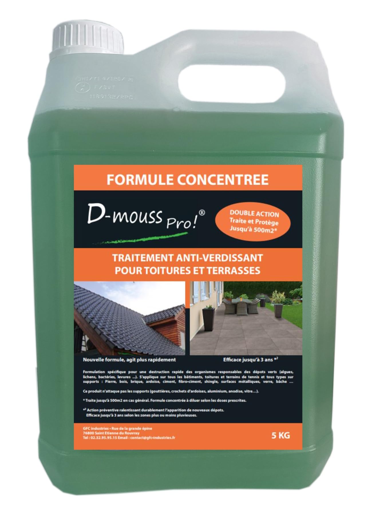 D-MOUSS PRO Anti Mousse Concentré Bidon 5L jusqu'à 500 m², Anti-Verdissure et Anti-Dépots Verts, Usage Multi Support (Toiture, Terasse, Façade, Pavé)