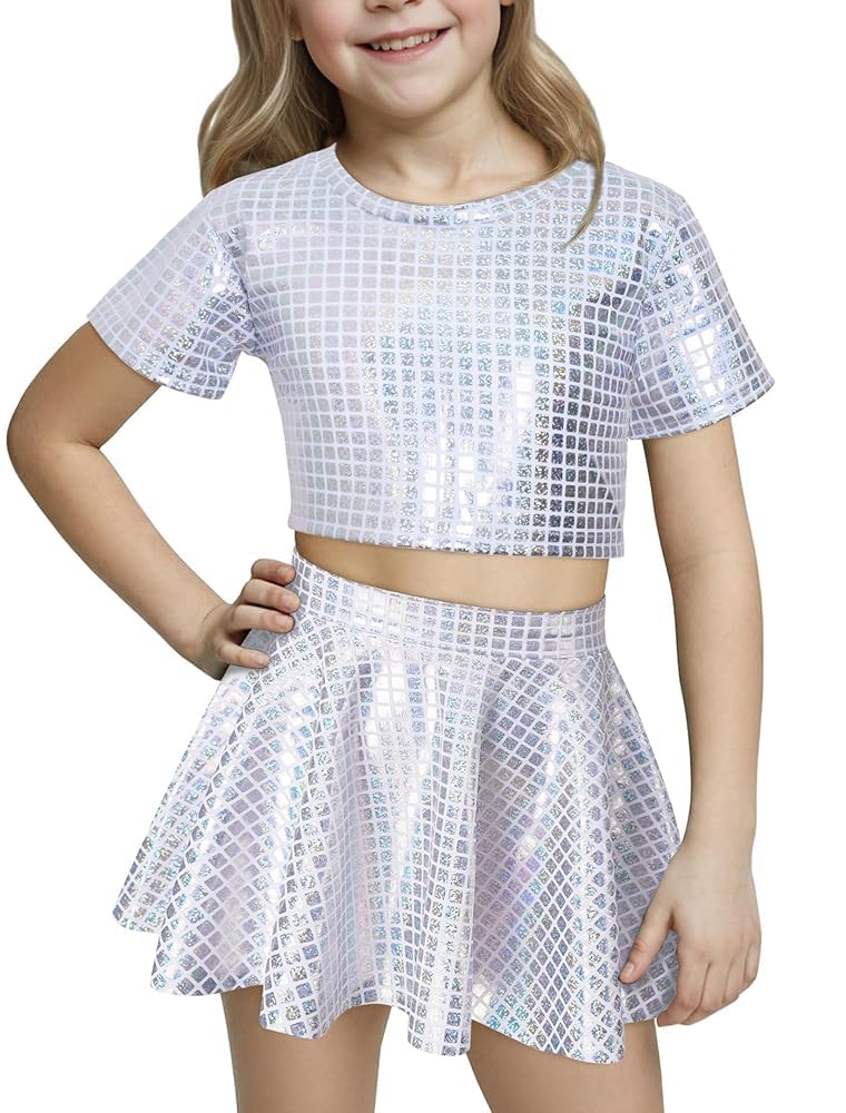 Happy Cherry Kid Girl Shiny Skirt and Top Set 2 Pcs Short Sleeve Metallic Disco Crop Top &amp; Pleated Mini Skirt Set