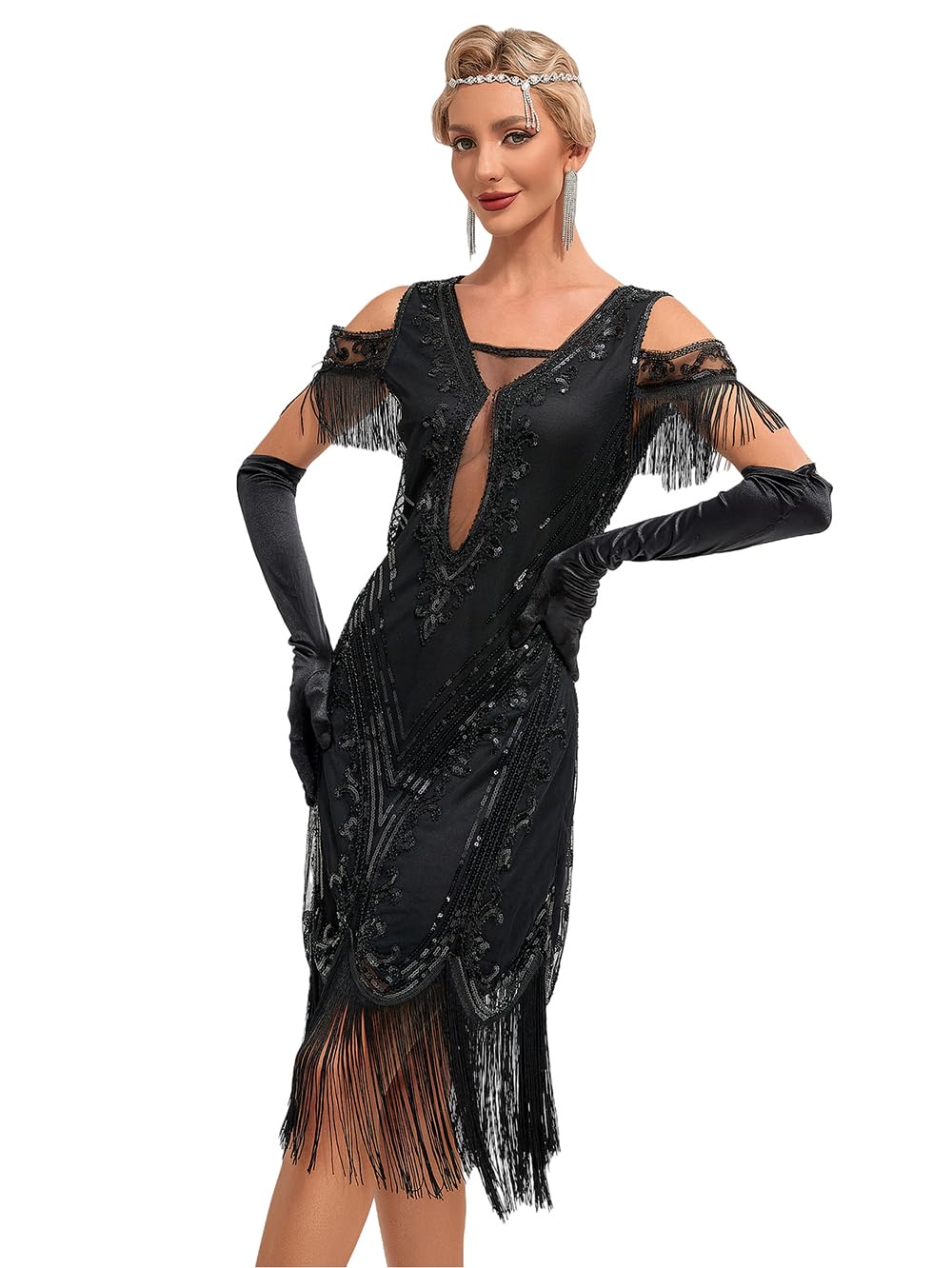 Viloree Femme Flapper 1920s Robe Soirée Longue Paillette Perlée Gatsby Robe Élégante