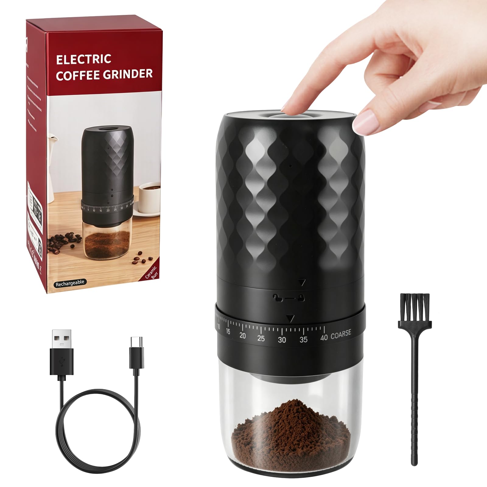 Molino de Café Eléctrico Portátil, Inalámbrico Molinillo de Café Recargable, 40 Niveles Molino de Granos de Café para Hogar, Oficina, Acampar, Viajar