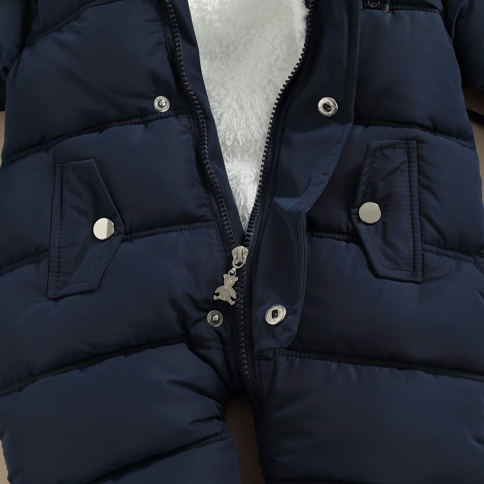 Tute da Bambino con Cerniera in Piumino con Guanti, Tuta da Pagliaccetto Invernale con Cappuccio e Peluche a Tinta Unita con Tasche
