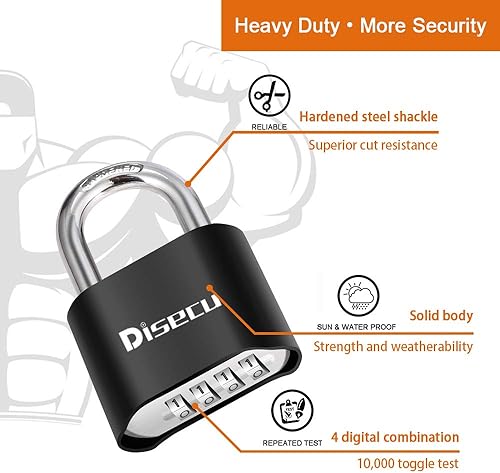 Miniatura 3 de Disecu 4 Digit Heavy Duty Combination Lock Outdoor Waterproof Padlock 1.3 Inch Shackle for Gate, Fence, Gym Locker, Sports Locker (Black)