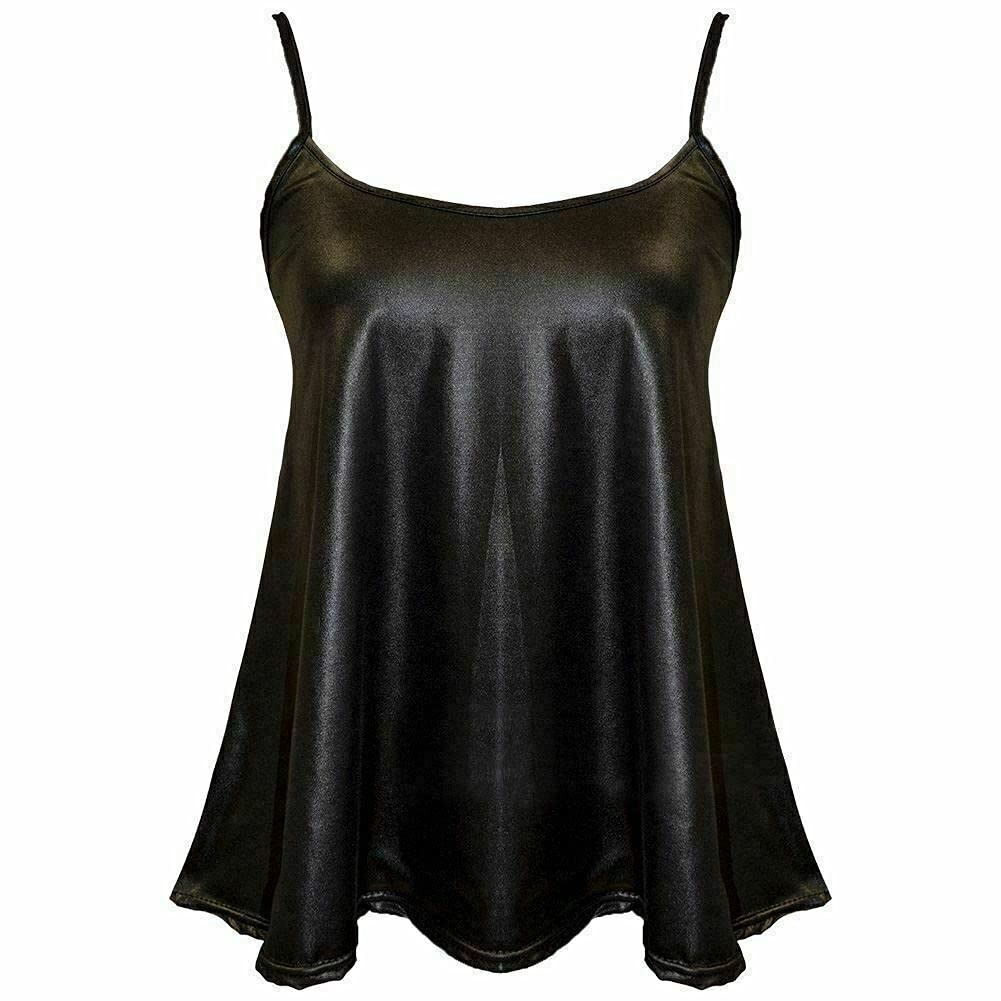 Womens Plus Size Strappy PVC Wet Look Flared Camisole Vest Ladies Cami Swing Tank Top 8-26(Black UK 20-22)