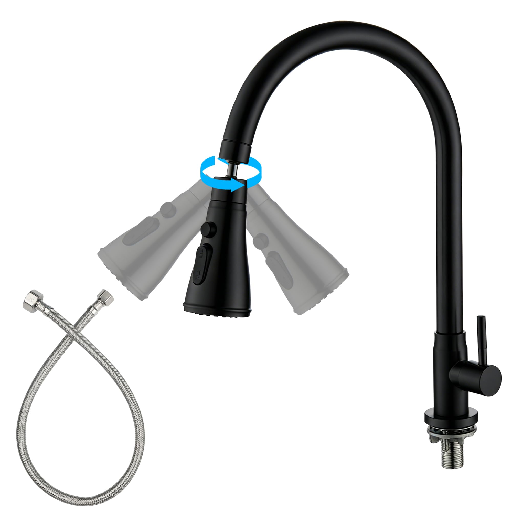 Kaltwasser Nur Küchenarmatur Küchenarmatur Spültischarmatur Mattschwarz | High Arc Einhand-Kaltwasser-nur Wasserhahn für Küche SUS304 Edelstahl Kaltwasserhahn mit 3 Strahlarten