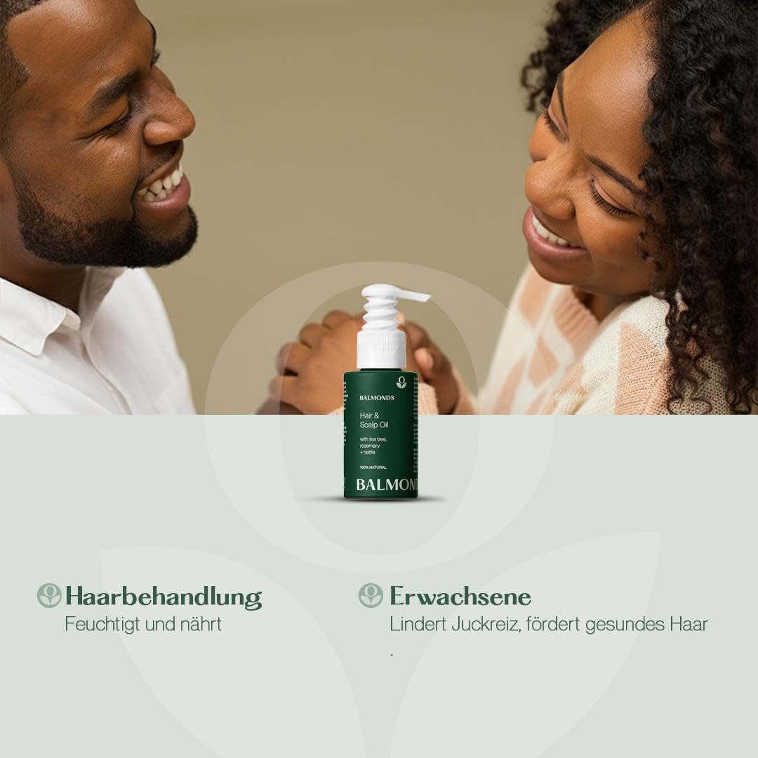 Balmonds Haar & Kopfhaut Haaröl 50 ml | Mit Rosmarinöl, Teebaumöl & Ätherischen Ölen | 100% Natürlich & Vegan | Pflegendes Haaröl für Trockene, Schuppige Kopfhaut | Auch bei Psoriasis & Ekzem