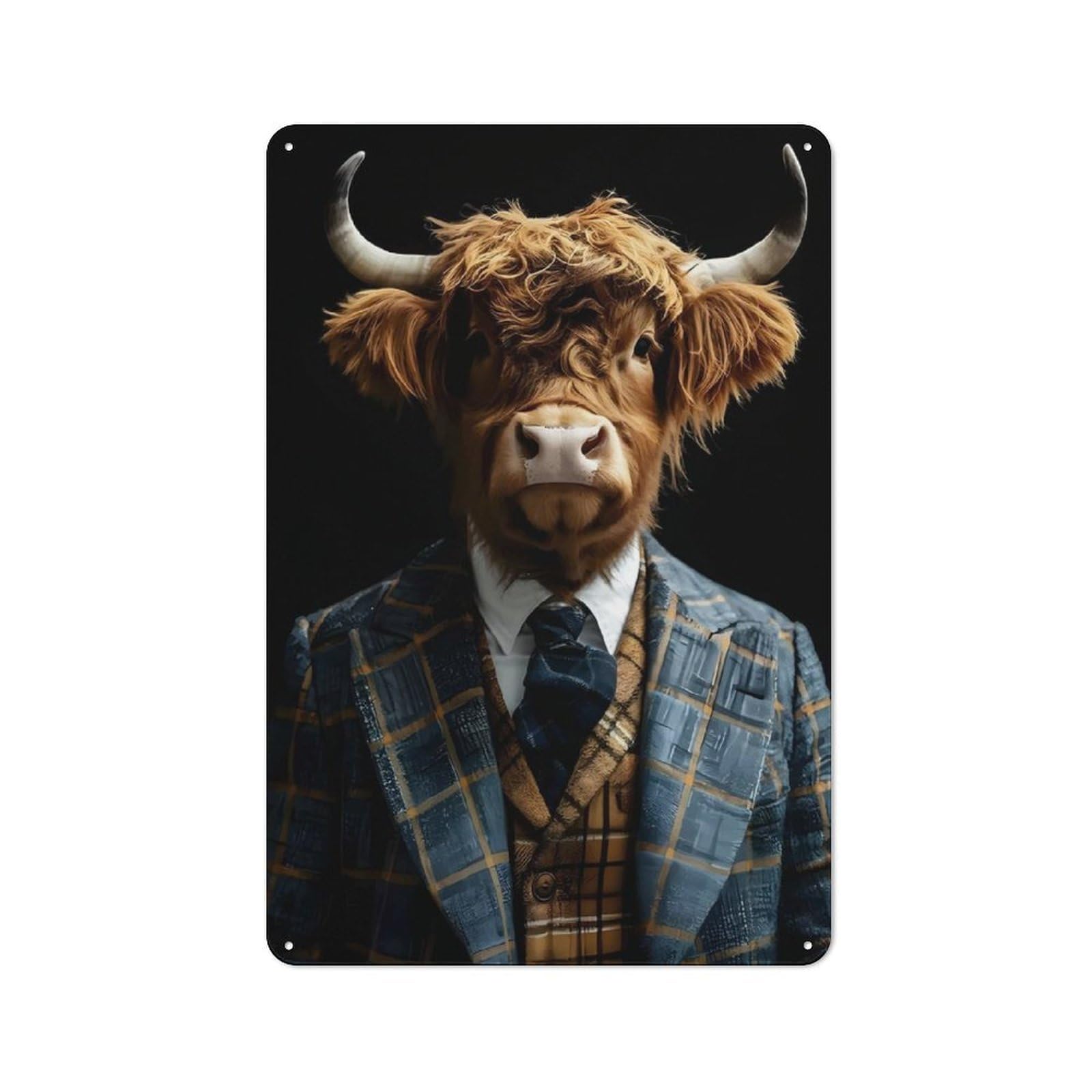 Junmoney Style-17 Garage Style Highland Cow In Suit Retro Metal Sign 30X20cm, Workshop Wall Decor For Tool Room, Garage, Studio Or Home Bar