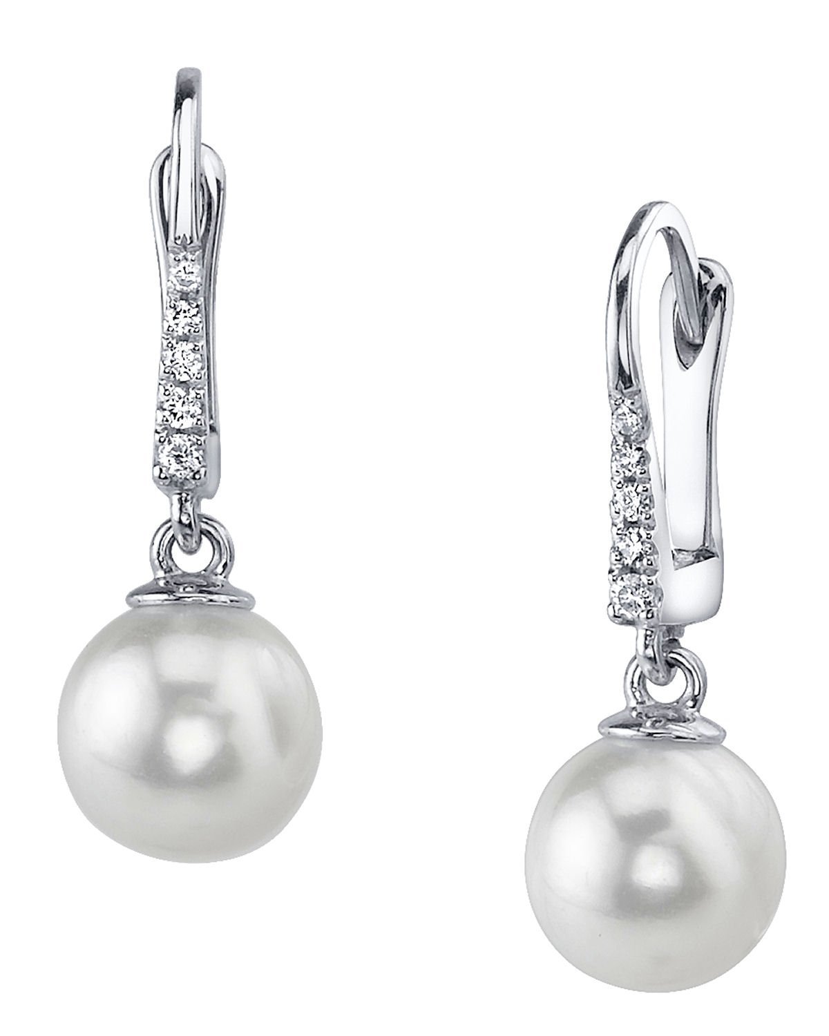 THE PEARL SOURCE 14K Gold AAA Quality Round Genuine White Akoya Cultured Pearl & Diamond Susan Earrings for Women