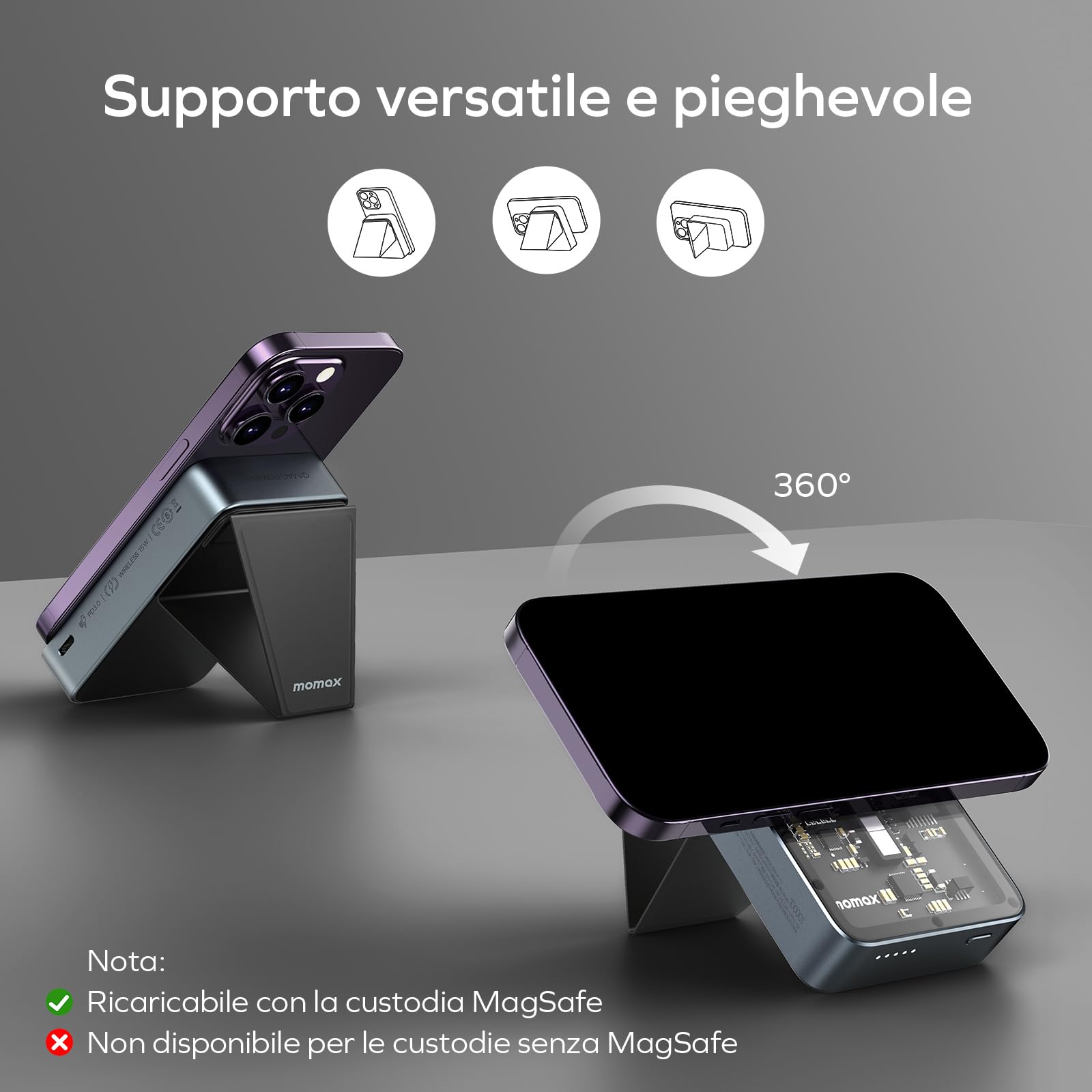 MOMAX Power Bank 10000mAh con USBC 20W Ricarica Rapida USB, Powerbank magnetico con supporto pieghevole, Tipo-C Batteria Compatibile con MagSafe per iPhone 15/14/13/12 Plus/Mini/Pro/Pro Max